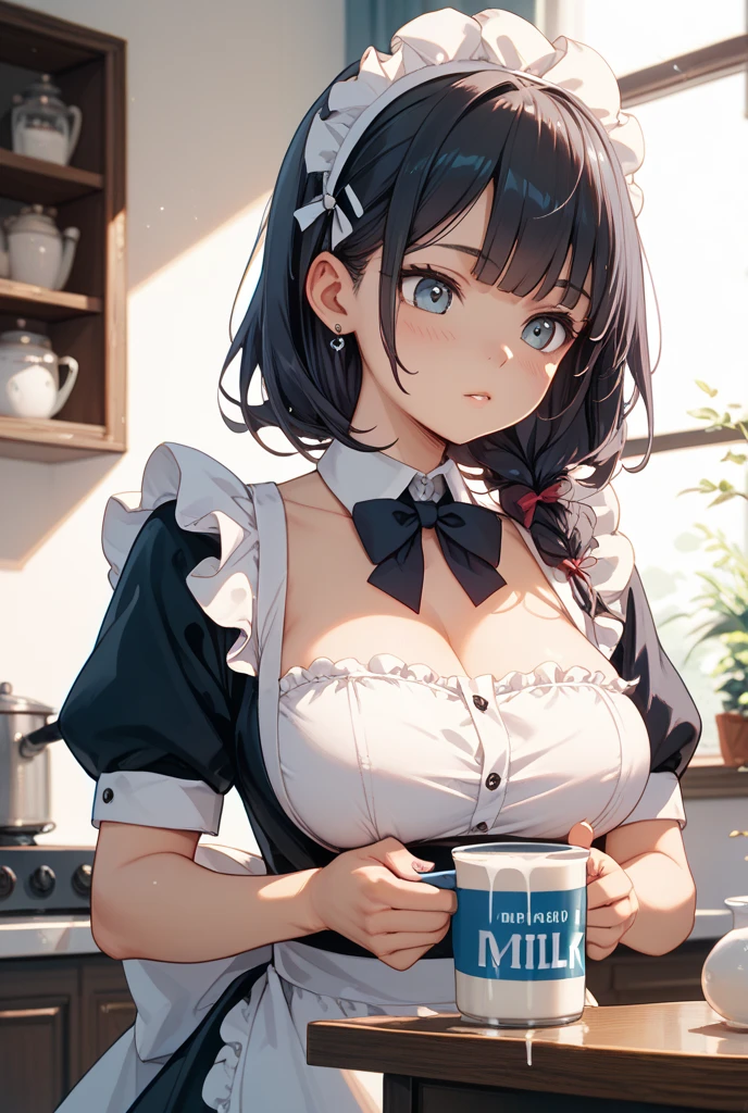 1lady,solo,cute,black hair and long hair,big bust,big breasts,standing,kitchen,Maid,barefoot,have a coffeecup,coffee,morning,window,sunlight