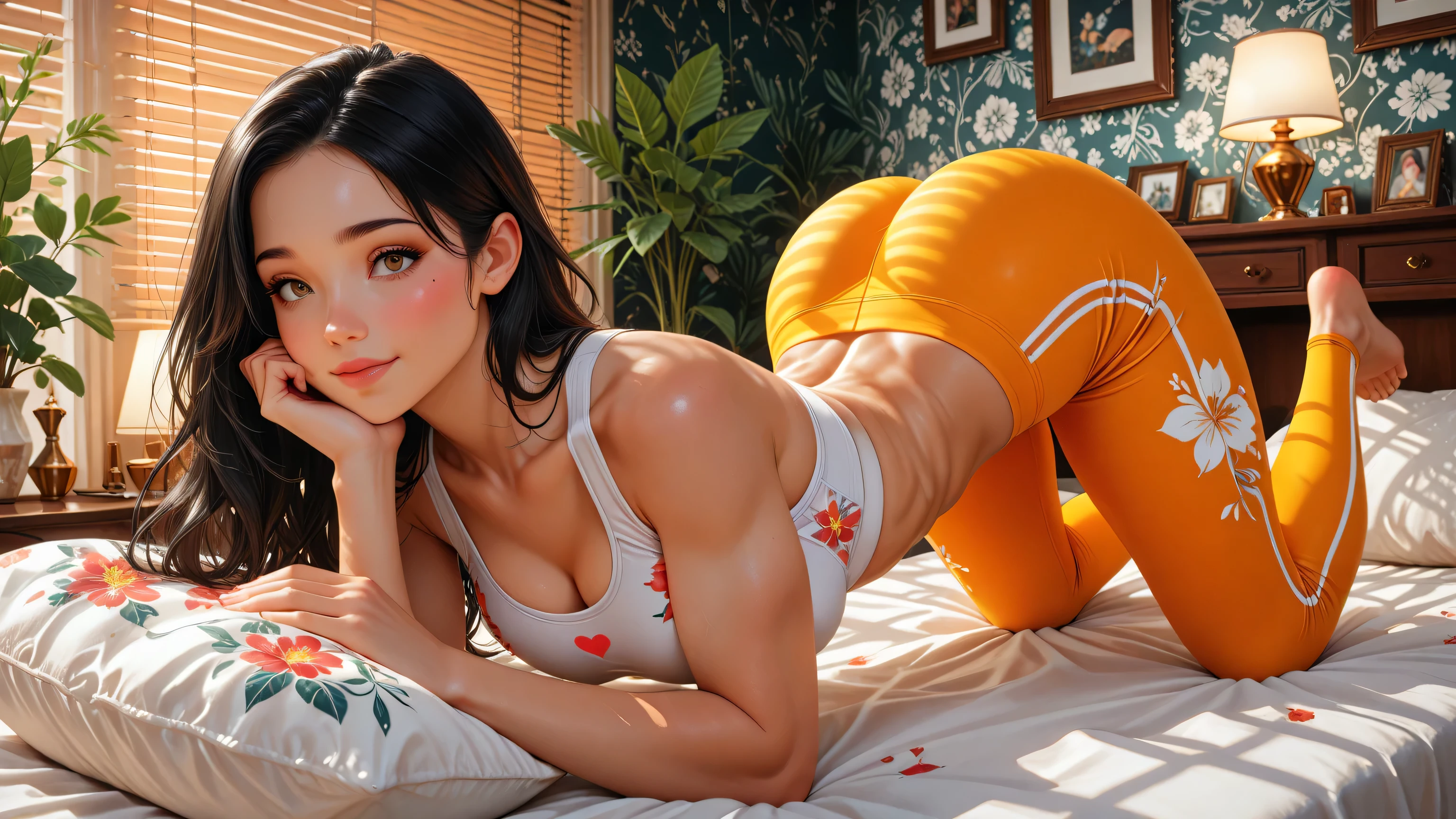(masterpiece), (best quality), (ultra-detailed), (8k), (semi-realistic anime style), multi-eye-focus, 1girl, solo, full body, curvy and athletic body, large round heart-shaped butt, toned thick thighs with strong quads, slim waist and hips, lying face down on a bed, legs bent upwards at the knees, resting chin on one hand, relaxed and playful expression, long wavy black hair spread softly on the pillow, tight yellow leggings with tropical floral pattern in red and white hues, white semi-transparent sports bra. Cozy modern bedroom background, soft cinematic lighting, beautiful furniture, elegant lamps, horizontal blinds, decorative wallpaper, framed pictures, ornamental vases, side tables, and dressers, soft light filtering through, rich shadowing and atmospheric depth.
