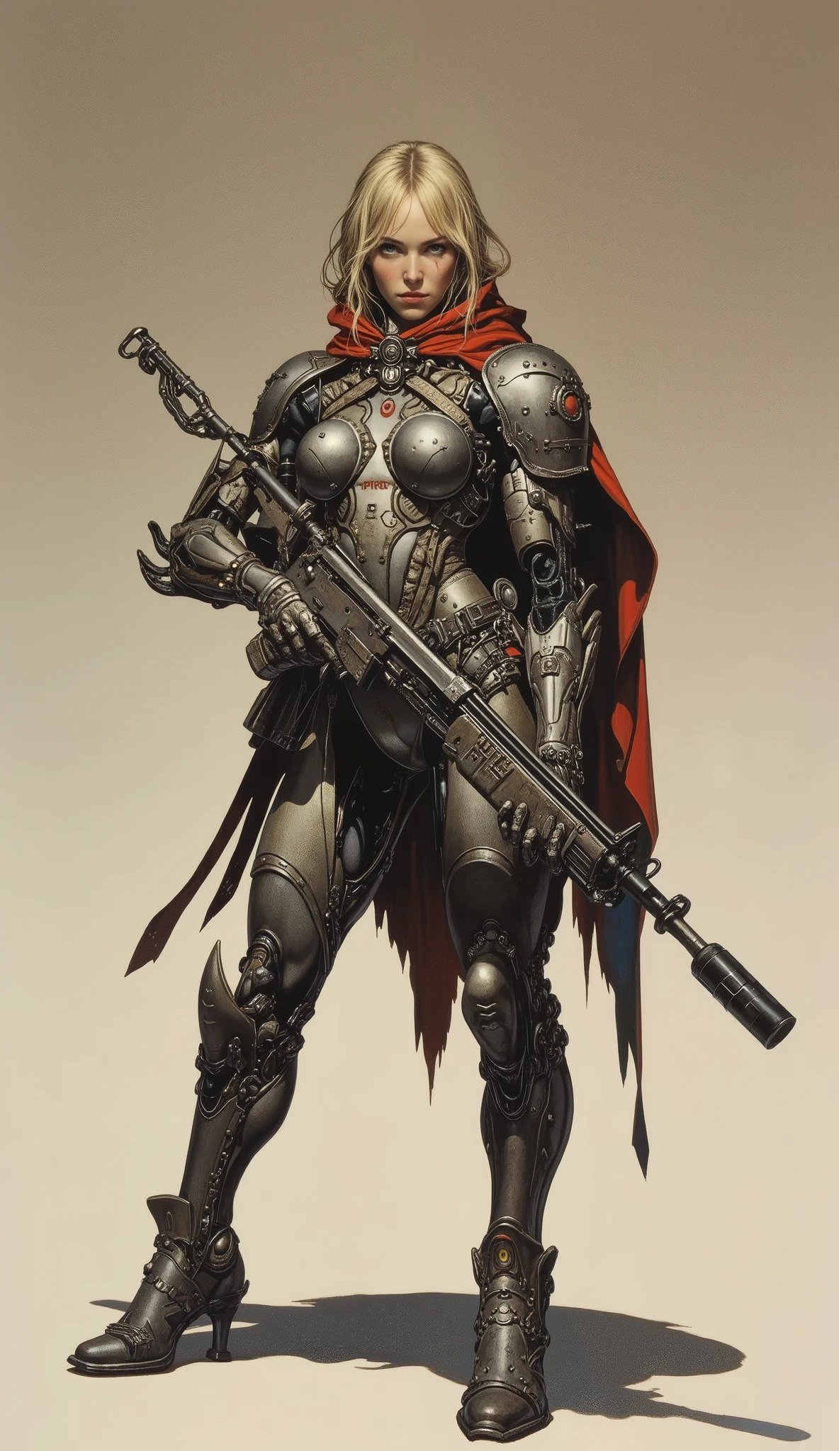    Realistic full body shot   ,    from head to toe  ,   , a beautiful European blond female semi-mechanical fighter ， wears a strictly protected volumetric mechanical exoskeleton，Holding an amazing rifle ， standing in a dynamic curved position ,  Weaving ，  with a piercing navel   , dnd Art,   Whimsical dark cyberpank    ,  Science Fiction , Mechanized precision,   Large canvas painting  ,  Rough Surfaces  ,   exquisite details  ,   Photorealistic  
