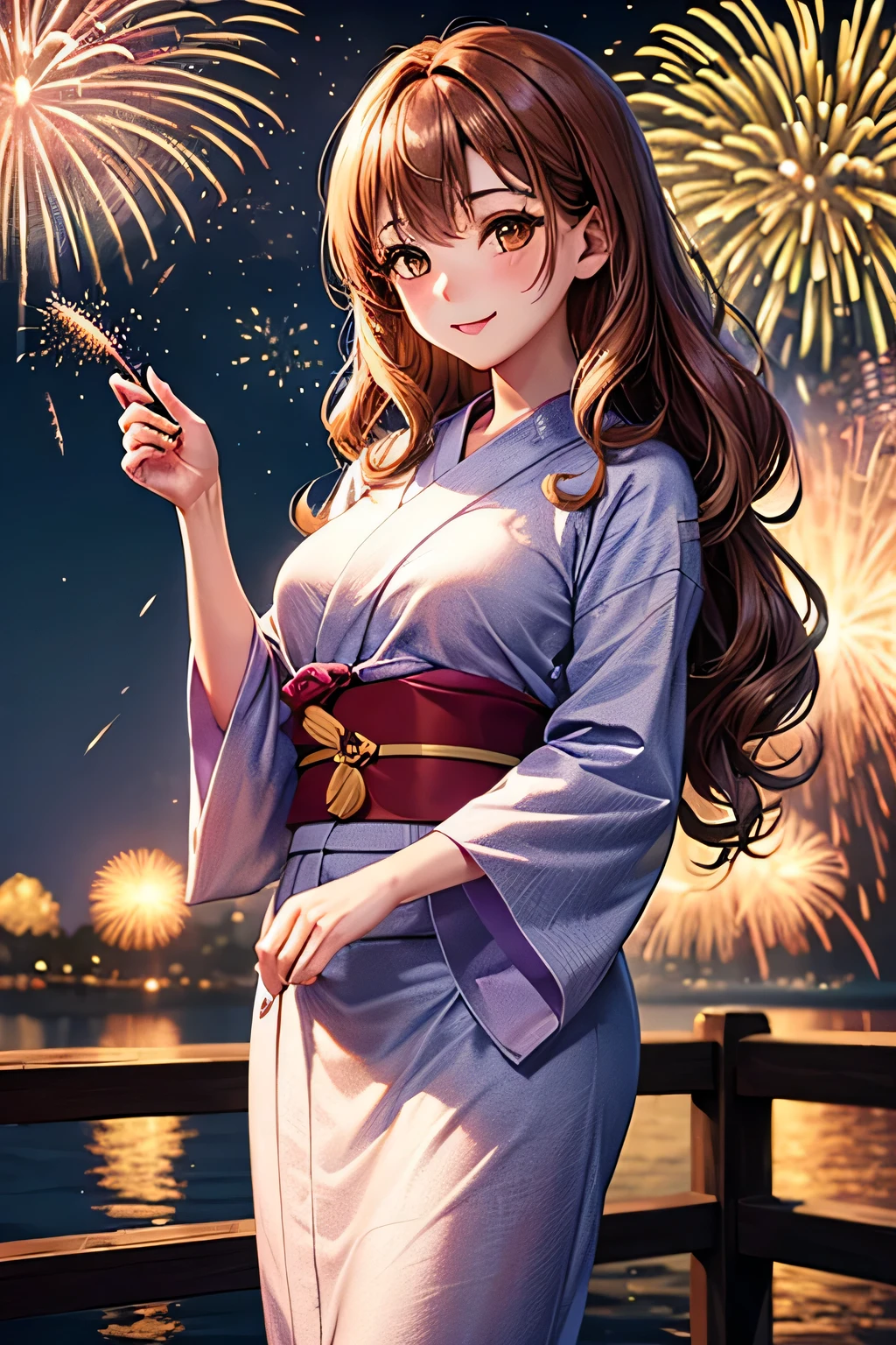 (top-quality、masterpiece、very high res、An ultra-high picture quality、High quality pixels)、(She is a mysterious and bewitching woman, And she is 18 years old,1 person,Single,独奏:1.5)、(She is a very beautiful woman with a beautiful face)、(Beautiful face written in detail,Beautiful body,Strong-willed eyes,Purple eyes,Beautiful colored hair,Beautiful skin texture)、(Beautiful hair quality,Variety of hairstyles)、(She has a slender figure and her breasts are D cups)、(Bewitching look,lovely smile,Smile, Open mouth,),(Wearing a red kimono from Japan,Colorful Japan kimono,shoulders are exposed),(Beautiful fireworks in the night sky,Lanterns light),(model poses,modelshoot,Magazine shooting,Hair flutters under the influence of the wind),The wind is blowing、Beautiful Art Style, an animated character、(The whole picture、Detailed picture、accurate anatomy、Defect-free images、extremely detailed picture、Accurate images、Perfect Image 1.5)、(Best Shot Photo 1.2)