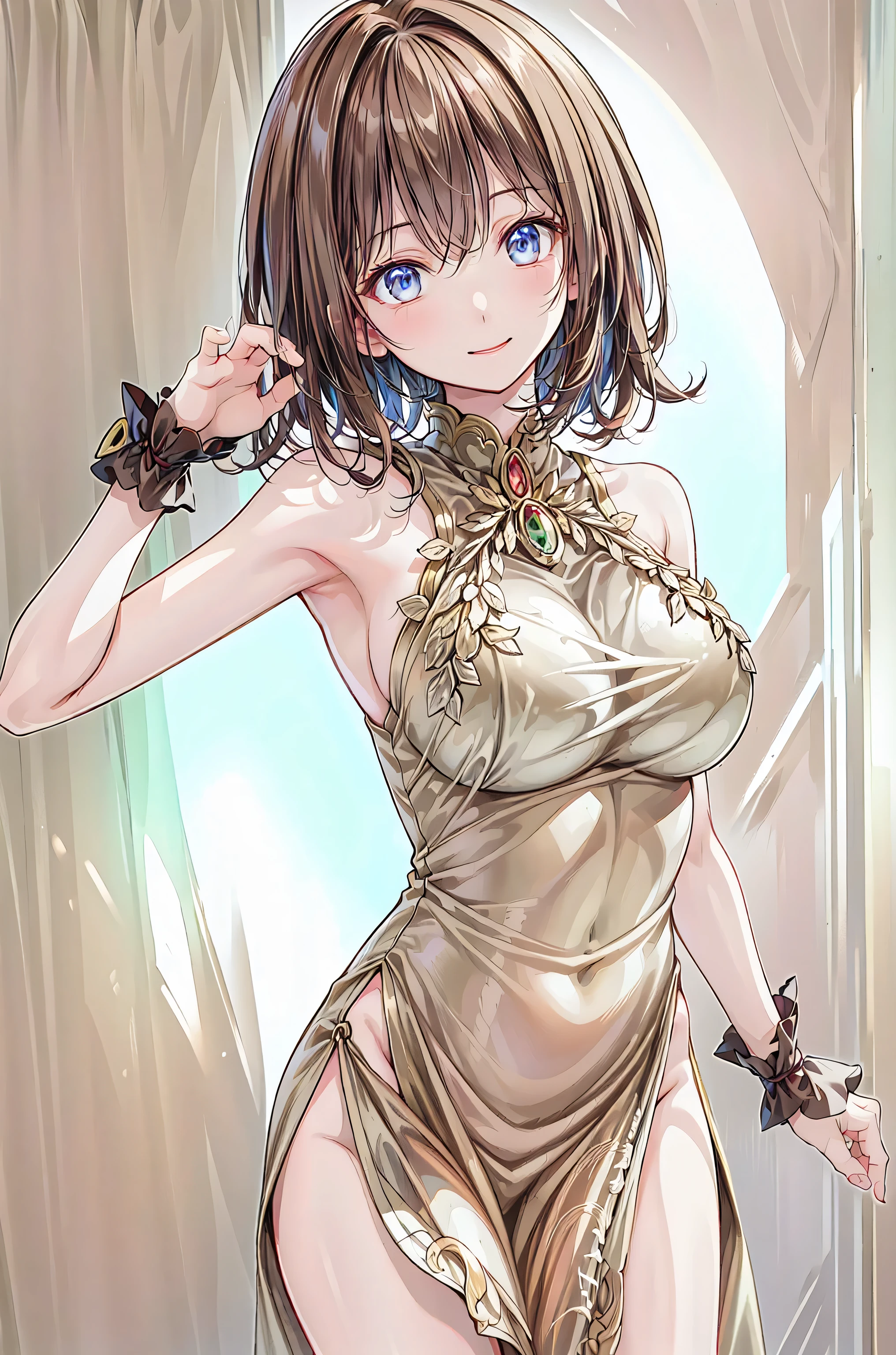 (masterpiece, top quality, very aesthetic, 4k、illustration), ()、intricate detail, 1woman,solo,contrapposto 、(gradient eyes、tareme)、hand on your chest、very short hair、parted bangs,Fair skin,(cowboy shot)、beautiful women、clear face、、(),beautiful face、(gradient hair)、(braid light brown hair)、sidelock ,,green eyes、Warrior　、armored dress、medium breasts、slender 、