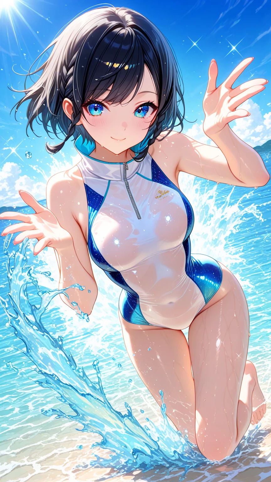 ((Lying on a rubber boat floating on the sea)), ((rash guard)), ((Sleeveless)), ((swimsuit sides see-through)), ((The swimsuit is a vivid color)), holographic fabric, skindentation, skinny, solo, 1 woman, Masterpiece, highest quality, highest quality, 16K, incredibly absurd, highly detailed, 2.5D, ai-generated, delicate and dynamic, very delicate facial expressions, delicate eye depiction, erotic, only sexy woman, ((A cute and kind face)), healthy figure, 25-year-old woman, bride, 160cm tall, medium firm swaying bust, (dark hair), black eye, blush, Sweat,Embarrassed,sexy, ((thin thighs)), (Erect nipples:0.7), (visible nipples:0.5), ((shiny and lustrous)), facing straight at viewer, ((brown black skin)), ((Oily_skin)), sweaty skin, wet skin, (suntan), dutch angle, ((sexy pose)), Dynamic poses, ((Summer Sea)), Strong sunlight, ((On the open sea)), ((sexy pose)),, ((Lying)), Navel, ((On the open sea)), Knee Up,
