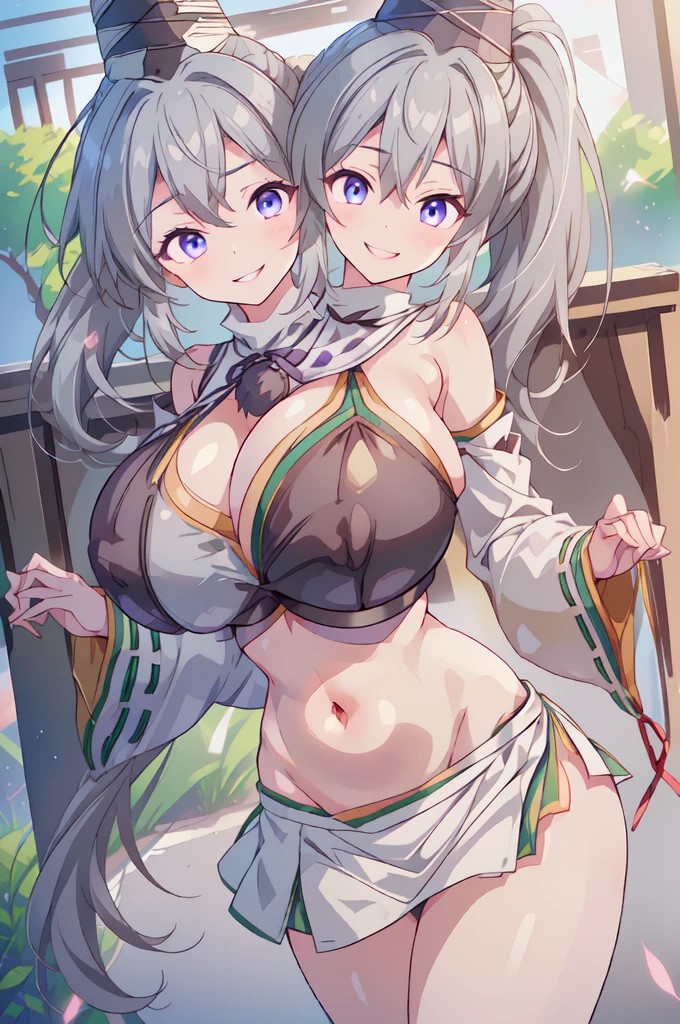 Highest quality, Super detailed, (Ultra-high resolution,8k), Ultra-high definition 4K, (Perfect Anatomy, Anatomically correct), (The three pure shrine maidens), (Detailed shrine maiden costume), (空に舞うDandelion fluff:1.3), (embarrassed face), (High-quality facial beauty), (Photorealistic), (Detailed big breasts), Soft Skin, Glowing Skin, Bright lighting, colorful, A sparkling smile, Dandelion fluff, shirtlift
