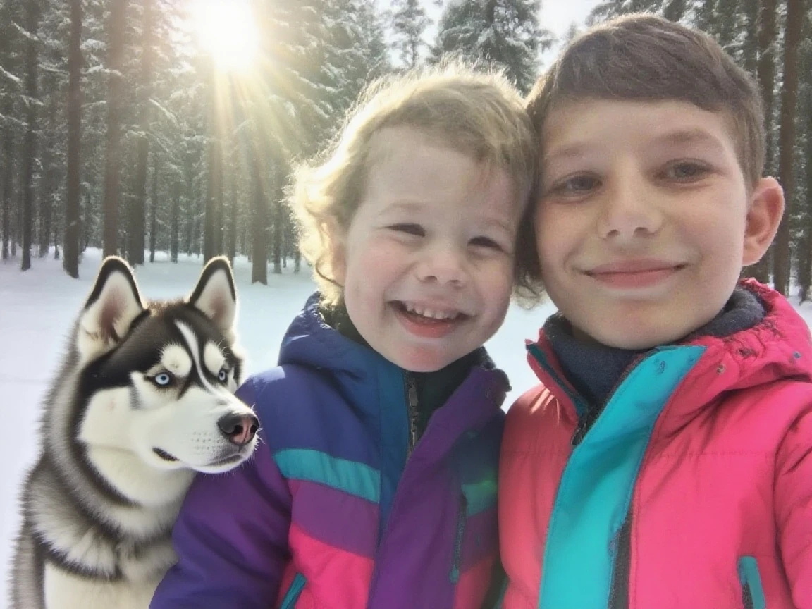 sentado em uma colina nevada com um cachorro branco KIDS GIRL BLONDE LONG HAIR , nas montanhas de neve,