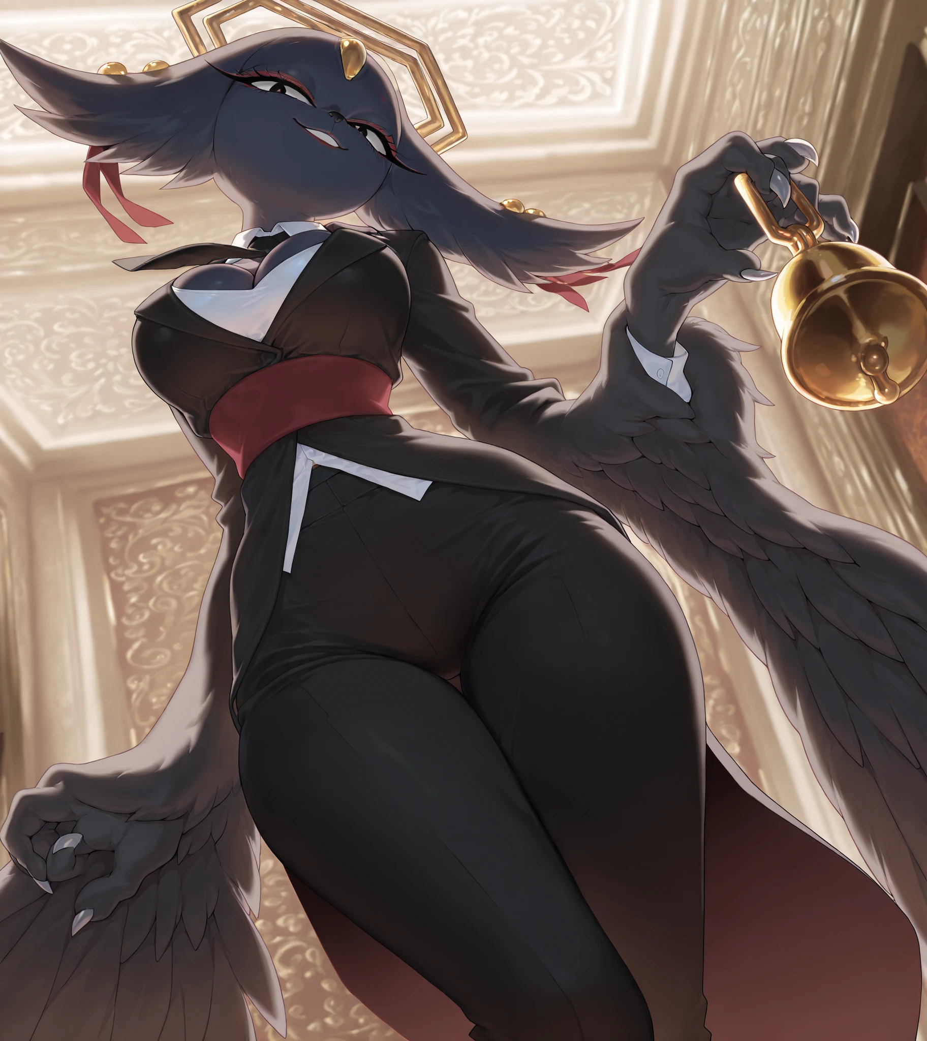masterpiece, best quality, amazing quality, very aesthetic, is absurd, background — dimly lit room, extreme detail, 8 thousand. ,wool , Source_anime, amazing background, ((Gowmang:1.4)), solo, (female), harpy, fur, black nose, clawed hands, black_fur, black pupil, long eyelashes, (red eyeliner: 1.2), (black mafioso suit, black pants, black jacket with tie under which a white shirt) , looking at viewer, (chest: 0.9), cleavage, bright smile, anthropomorphic, curvy, (round face: 1.5), (clean, high detail, soft shading),
A sweet yet formidable young female mafia boss sits confidently on a velvet throne... She wears a pastel red Lolita-style suit, She holds a long-handled golden bell in her right hand and a small golden bell in her left. Shot from the hip, full frame, low hard angle, soft lighting, warm vintage room. cinematic, style, bright pastel palette,