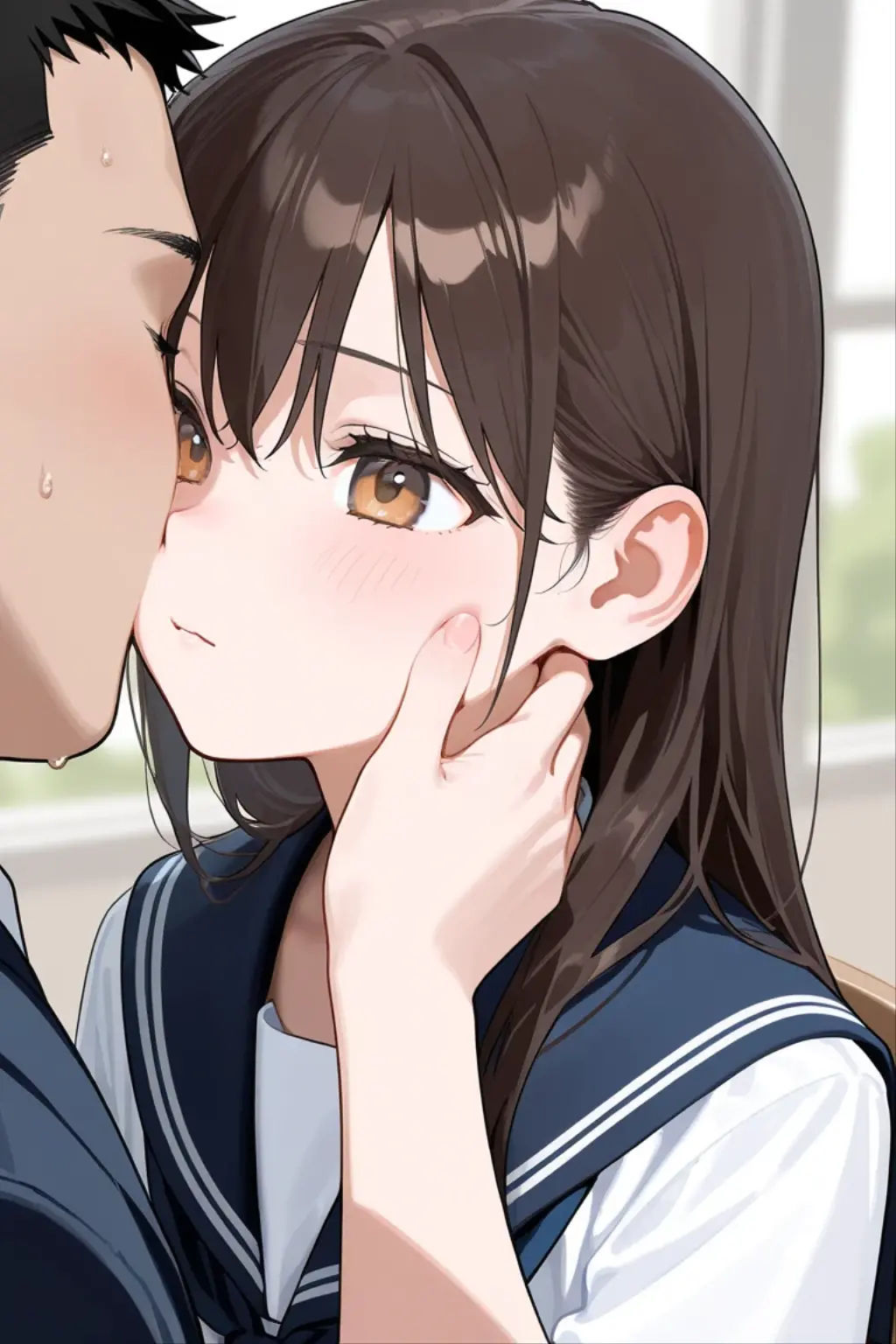 [GENERATED BY 7th anime XL-Pony A:100] (score_9,score_8_up,score_7_up,score_6_up),masterpiece,best quality, source anime, rating_, ukkripony, 1girl, 1boy, hetero, , from side, (close-up face:1.3), half-closed eyes, heavy breathing, sweat, blush BREAK girl,  (tareme:1.3), BREAK (school uniform), (white collared shirt, plain pattern shirt, short sleeves, shirt tucked in:1), (red plain pattern narrow neck ribbon:1.1), (button gap:1), (pleated skirt, :1.2), BREAK classroom,