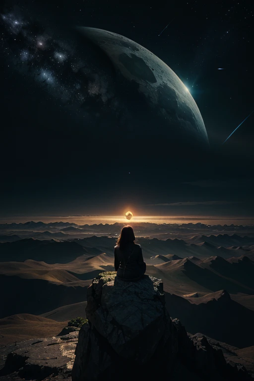 Create a panoramic painting of a night landscape on Mars. The sky is filled with bright stars and vibrant nebulas in colors like blues, purples, and pinks, intertwining in a cosmic spectacle. In the background, strange-shaped mountains rise, with jagged peaks that reflect the starlight softly.
In the foreground, depict rocks and stones in unusual colors, with textures resembling crystal and shiny metals. Add a river of lava flowing slowly, illuminating the landscape with an orange glow. Include alien plants with luminous leaves and whimsical shapes, contrasting with the red, dusty Martian ground.
To add a touch of fantasy, incorporate flying creatures with iridescent wings soaring through the starry sky. Include an astronaut in a contemplative pose, gazing at the horizon, wearing a shiny spacesuit that reflects the colors of the landscape. The atmosphere should evoke a sense of wonder and mystery, transporting the viewer to an imaginary world."