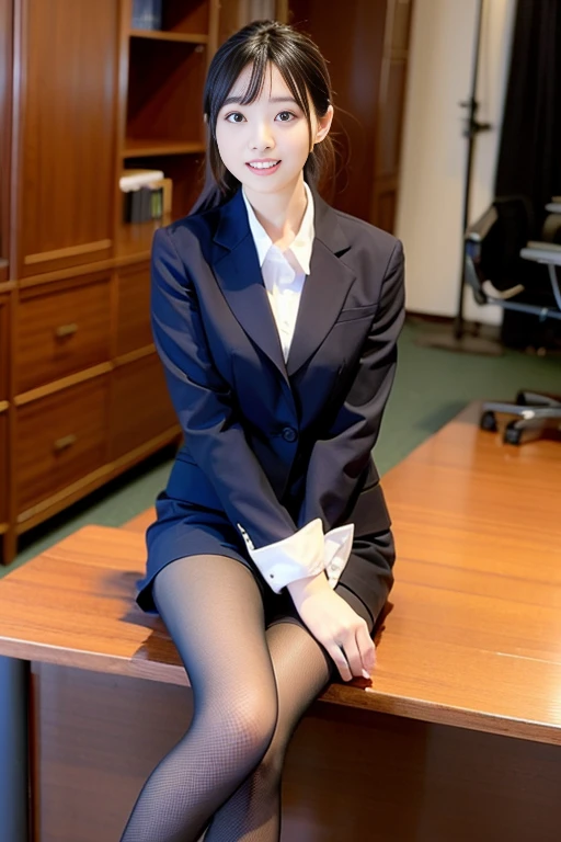 A girl in a her room, 1 girl, 独奏, from side, hugging own legs, 仕事から帰宅して自分の部屋でsuitを着たまま両膝を抱えて座りながらグラスのビール片手に物思いにふける23歳日本人女性、BeautyOL, tight skirt with a slit、Thigh-length see-through dark blue tights、suit、With the jacket on、The top three buttons of the shirt are undone、