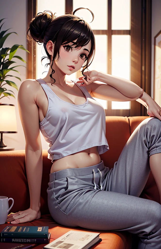 ((top-quality)), ((ighly detailed)), masterpiece, extra detailed face, beautiful countenance, (A detailed eye, deep eye), (1girl in), The upper part of the body, Nanaka Suwa, Tinted muscles, (de pele branca), grey eyes, A dark-haired, (Capri Pants), (Blue crop top), Midriff, A slender, Fit, middlebreast, white towel, towel around neck, (ripped clothing), ((ripped pants)), (perspiring), yoga mats, (stretch) --auto