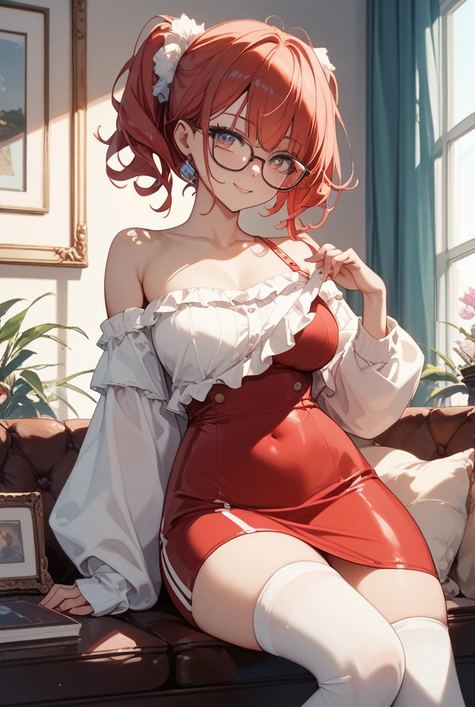 (masterpiece:1.2, best quality), (dinamic lighting) 1lady, solo, short hair, big breasts, (shiny skin:1.2), upper body, monocle, glasses, modern, wavy red hair,Suspenders, flower on ear, harajuku style, hair pin