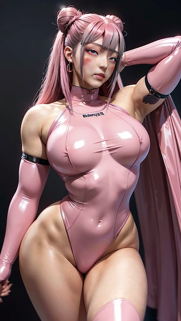 1girl, arms up, bangs, bodysuit, breasts, covered navel, cropped jacket, gloves, headphones, impossible bodysuit, jacket, (large breasts:1.6), long hair, long sleeves, looking at viewer, lying, on back, parted lips, pink bodysuit, pink eyes, pink hair, puffy sleeves, red jacket, shrug \(clothing\), skin tight, solo, twintails,alice \(nikke\),(masterpiece:1.4),(best quality:1.4),(shiny skin),realistic