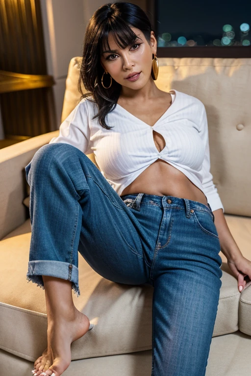 milf, tight bikini top, african american woman, white bra, model, curvy hair, hair partially in a bun, pinup body, fullbody art, realistic, ripped jeans, very very tight jeans, cameltoe  visible through jeans, small, abs, buff arms, freckles primarily on her face, colored fingernails, colored toenails, jeans partially taken off, interesting bikini design