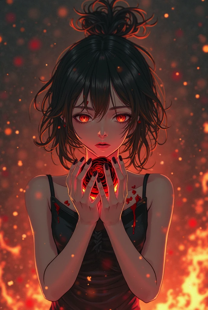 In a cave，On the edge of the stone flame bed stood a boy，bleeding from the corners of her mouth，Close up of