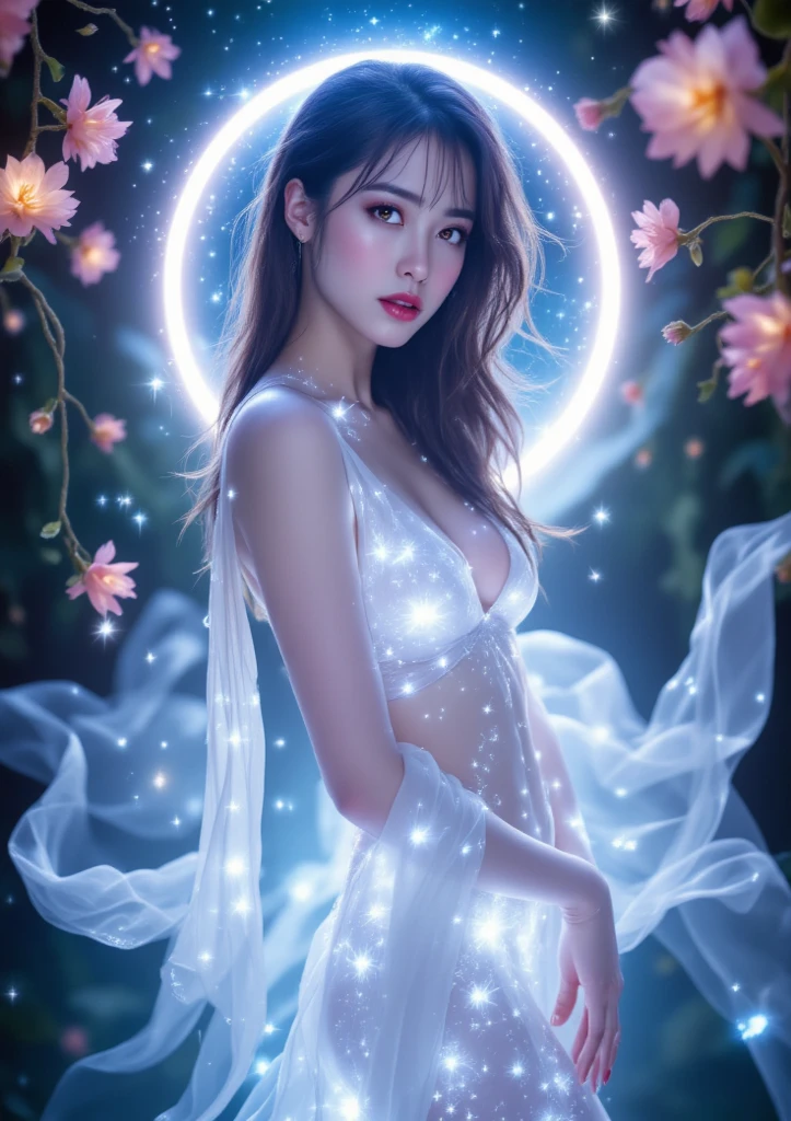 1girl, solo, beautiful detailed eyes, beautifully detailed lips, pale skin, delicate features, porcelain-like complexion, elegant pose, graceful posture, ethereal beauty, light atmosphere, soft and subtle lighting, delicate, fine brushstrokes, realistic rendering, vibrant colors, dreamlike ambiance, soft painting style, a sense of tranquility, a masterpiece capturing the essence of purity and grace, gorgeous breasts, cleavage, sexy, ((aesthetic soft painting background)), (Style by NTY), sexy, ((rainbow glowing specks on the skin)), ((wet skin)), mascara, eyelashes, glitter on her face, sexy lips, nice contrast, light particles, soft lighting, volumetric lighting, finely detailed, ((big breasts)), (((looking at the viewer))), extremely beautiful eyes, Extremely detailed eyes, light-colored eyes, post-Impressionist, rich gradient, extreme colors, extreme details, clear light perception, a fantasy or mythical character, possibly an elf, taking a bath in a luxurious setting, enhancing the mystical ambiance, diffused light and serene atmosphere, The character's expression and pose contribute to the sense of tranquility and elegance in the scene, a dreamy mood, digital artwork portrays an ethereal figure in a translucent garment, flowing like water, blending seamlessly with a dreamy background of soft blues, pinks, and purples. Set against a dark, starry sky with a crescent moon, the character's serene expression and graceful posture evoke tranquility and mysticism, creating a mesmerizing, otherworldly scene that invites viewers into a fantastical, peaceful realm