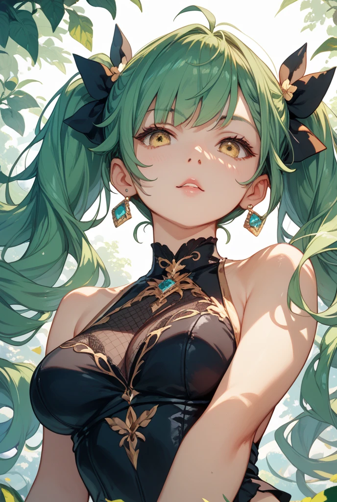 In the center of the scene stands a seductively posed anime woman with caramel skin, mint green hair, and adorable cat ears. This character is depicted in a high-quality digital painting, showcasing every intricate detail of her alluring features. Her form-fitting lace dress hugs her curves, adding to her undeniable sex appeal. The vibrant colors and expertly rendered textures bring this fantasy character to life, making her a mesmerizing focal point in this stunning sexy image.