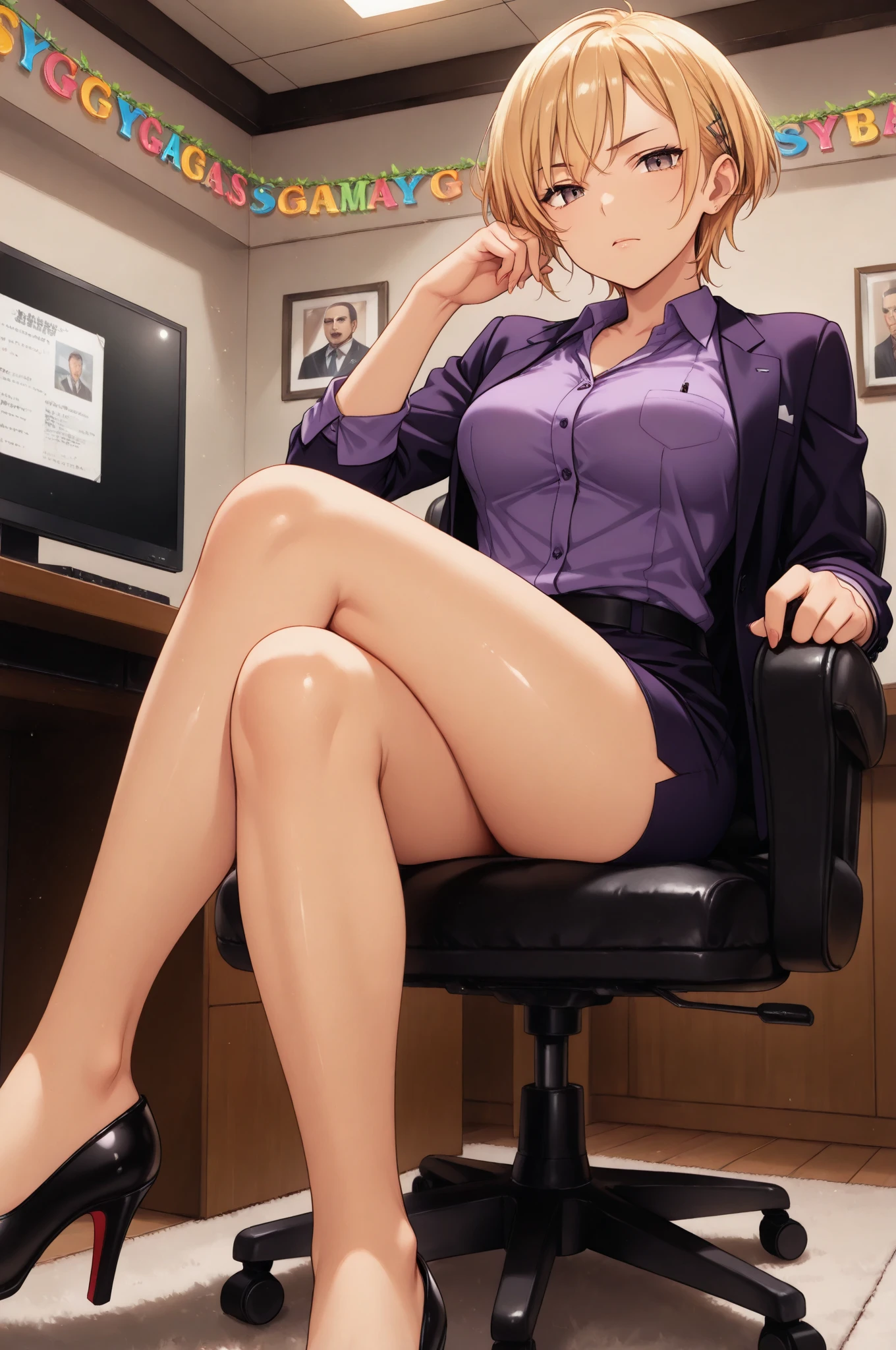 <lora:morimoto_reina_dadapt_v1-000200:0.8>, morimoto_reina, blue_eyes, hair_bun, large breasts, purple business suit, skirt, cleavage, office, panties, sitting, panty pull, pussy peek,, masterpiece, best quality