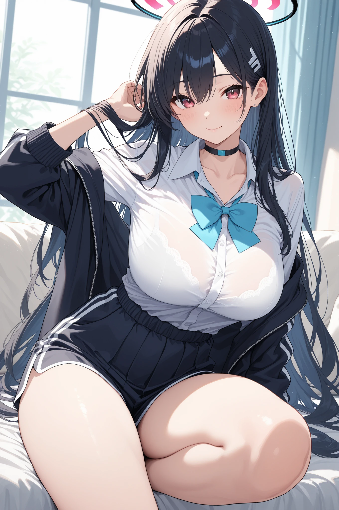 ulzzang -6500-v1.1, (Raw photo:1.2), (Photorealistic), a beautiful detailed girl, ighly detailedな目と顔, Beautiful detailed eyes, (Huge ceiling), High resolution, ighly detailed, Superior Quality, [Workmanship Press:1.6], illustratio, ighly detailed, nffsw, Fine detail, Superior Quality, Highly detailed 8k uniform nffsw wallpaper, Cinematic lighting, 1girl in、17 years old、Cute schoolgirl in Japan、[Show your bra:1.5 ], breasts、J-Cup:1.9]、beautiful droopy eyes beautiful big eyes、(No bra)、Sweating and getting wet、[Sexual arousal:1.1]、[lyin in bed:1.5]、Raise both hands、Uniform tape around the neck、A slight smile、(the whole body is wet:1.2)、Bright eyes、Put your head on the pillow、a navel、Open Button、(tights)