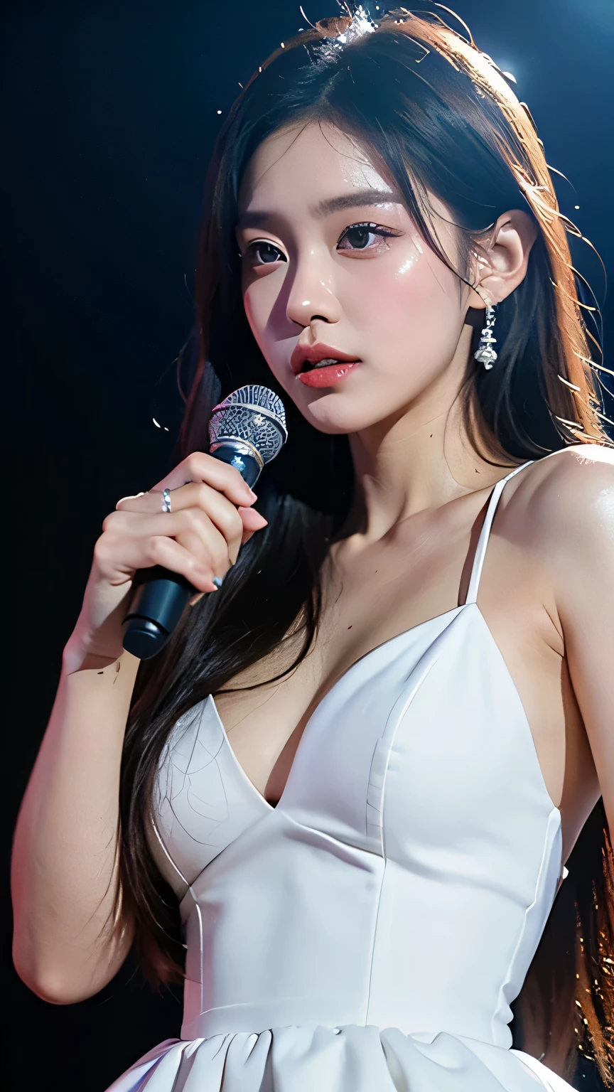 (masterpiece:1.3), high resolution, ultra detailed, extremely detailed CG unity 8k wallpaper, realistic, photo-realistic, RAW photo, beautiful detailed face, pale skin, realistic glistening skin, detailed cloth texture, detailed hair texture, Perfect body, Beautiful Face, accurate, Anatomically correct, Highly detailed face and skin texture, natural neck length, (beautiful hands), (fair skin:1.1), (well-aligned teeth:1.1), (Sweaty skin:1.2),
BREAK,
Detailed eyes, symmetric eyes, Light Brown eyes, Double eyelids, Thin eyebrows, (Glossy lips:1.4), ((A face with waiting for a kiss:1.2)), (blush:1.1), (A sparkling small hair accessory:1.1), (beautiful smile:1.1), (having microphone:1.3),
BREAK,
(A classy and Cute idol:1.3), (nude, nsfw, nipple:1.4),
BREAK,
medium large breasts, slender figure, firm abs,
((half updo, black hair, bangs:1.2)), (cowboy shot:1.2), (looking at viewer), cowboy shot, From above,
BREAK,
(singing on stage:1.3),