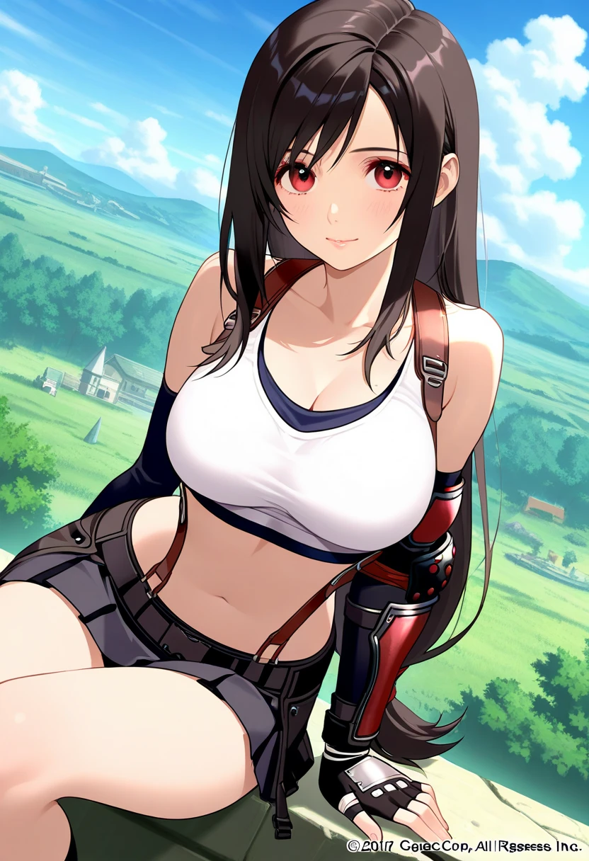 score_9, score_8_up, score_7_up,score_6, score_5,BREAK , ,from front,below view,low angle,pov,straight-on,,standing,contrapost, ,,straight-on, ,1girl, tifa lockhart, final fantasy, tareme,black hair, low-tied long hair, red eyes, bangs, (white tank top, belt, pleated skirt, thighhighs, elbow fingerless gloves, elbow pads, midriff, navel,suspender skirt) ,(large_breast),(light smile),Solo,,(daytime,outdoor ),detailed,(best quality),(aesthetic,very aesthetic),UHD,extremely detailed CG unity 8k wallpaper,anime,highly detailed,sharp focus,depth of field,,professional lighting,cinematic lighting, ,