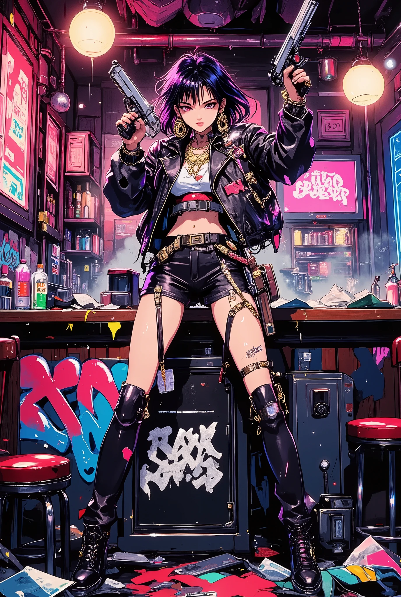 Epic GTA-style shootout scene: Realistic portrayal of a deceptively cute, vibrant young gangster girl, mafia boss, standing on a trashed nightclub bar. A young girl with expressive predatory eyes and a sugary smile, secretly dressed in Harajuku style, points a pistol vertically down directly at the viewer, standing on the bar with her legs apart. Details: gold chains, expensive watches, graffiti on the walls, an open safe with money All around — chaos: overturned furniture, broken bottles, smoke. Her gang is standing nearby, ready for further action. Lighting: Contrasting — neon lights, glare on skin and weapons. The style is GTA realism: dark but glamorous, with neon lights and hints of a criminal history. Resolution: 4K, Ultra HD

