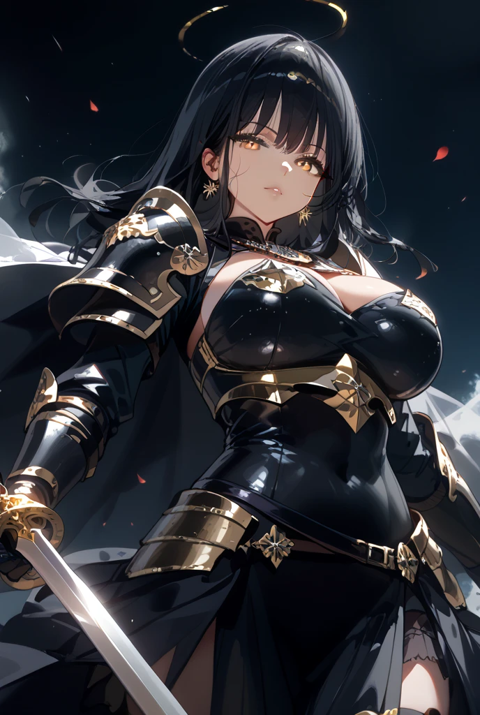 Highres, high quality, Epic Darklight atmosphere, stunning 4k artwork featuring a beautiful a female darkness knight with lustrous, dark black hair that glows, wielding a sword to protect herself.