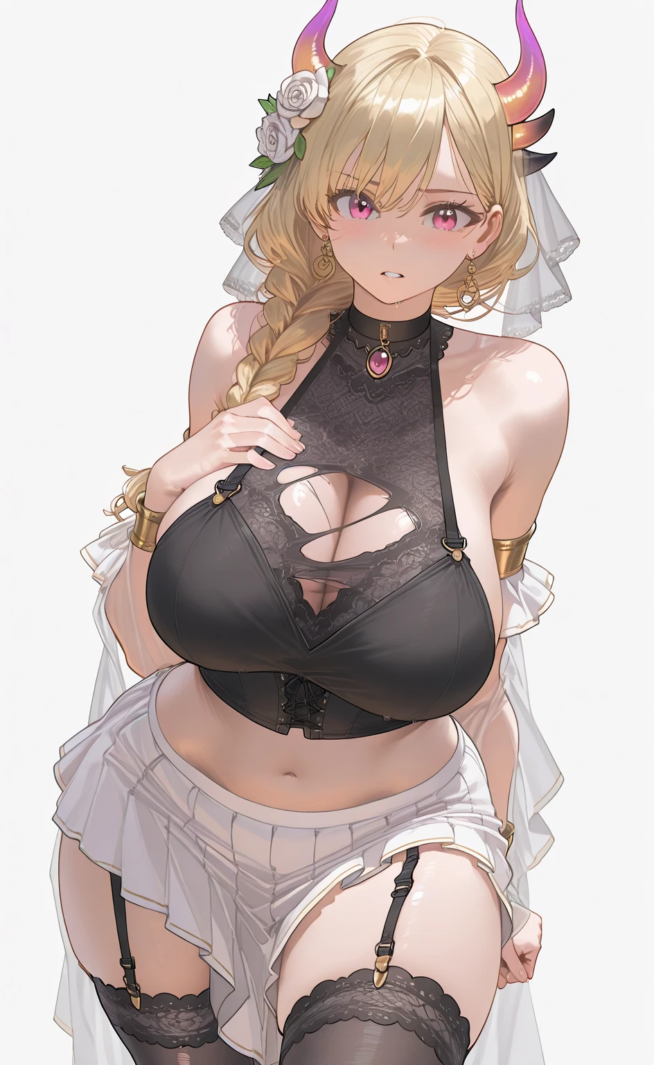 masterpiece, best quality, ultra high res, beautiful detailed hair detailed face, perfect feminine face, (photorealistic:1.4), smile, gray eyes, an anime drawing inspired by Konoshige, pixiv, danbooru, (konoshige_(ryuun)), (((attractive elf queen))), straight long hair, ((gigantic breasts:1.6)), breasts curtains, breasts apart, (saging breasts), pointy ears, long pointy ears, earrings, large hoop earrings, blonde pigtails hair, hair between eyes, ((wedding dress)), (frills), (lace), (standing), garde background, large bouquet of flowers prop, art by sakimichan, george kamitani, akira yasuda, 1990s anime cels style, 1990s manga style, best quality,
