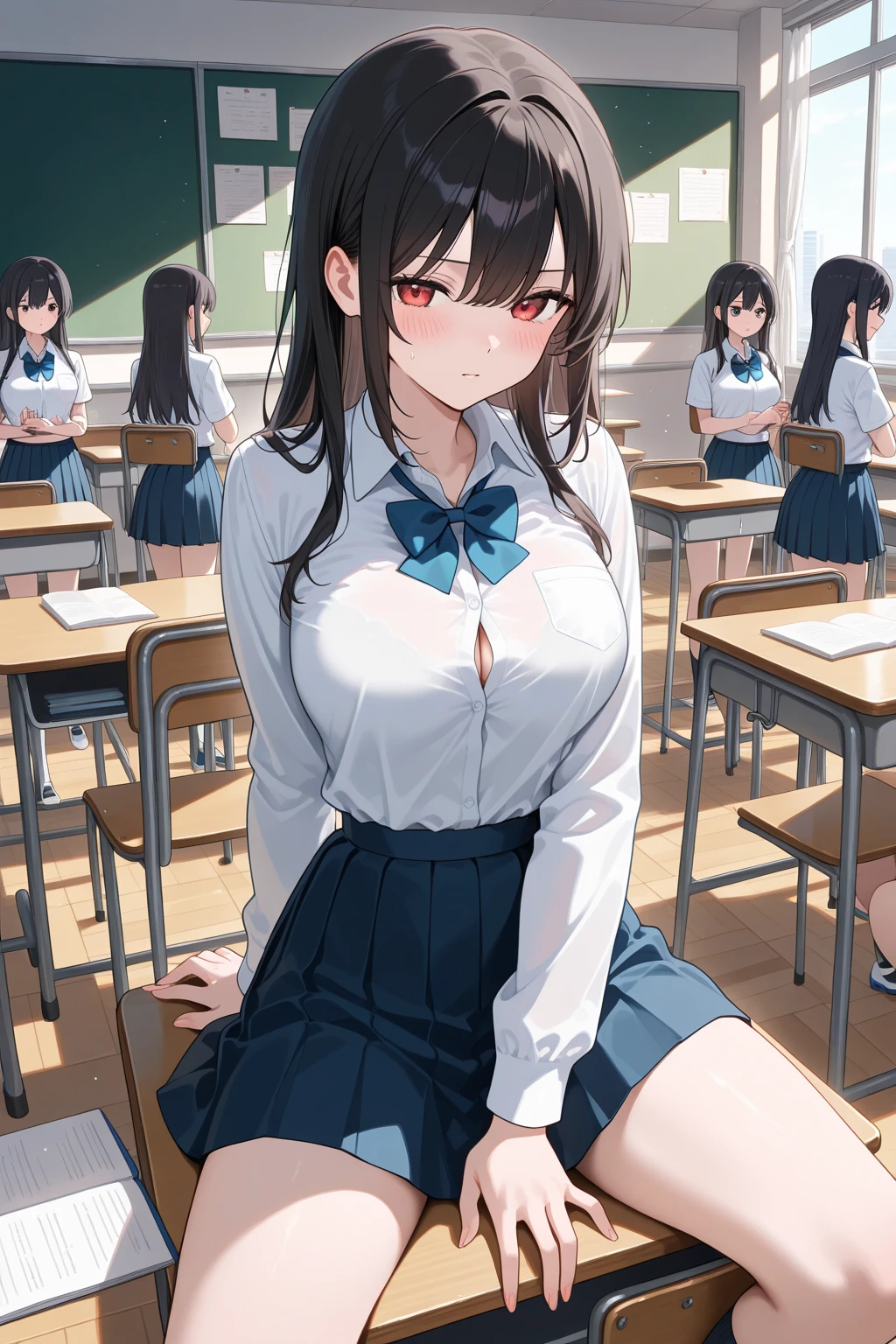 high school girl、Dressed in high 、School classroom、(Big Breasts)、((独奏))、(((alone)))、smirk,Cheek resting on hand、Crossing legs