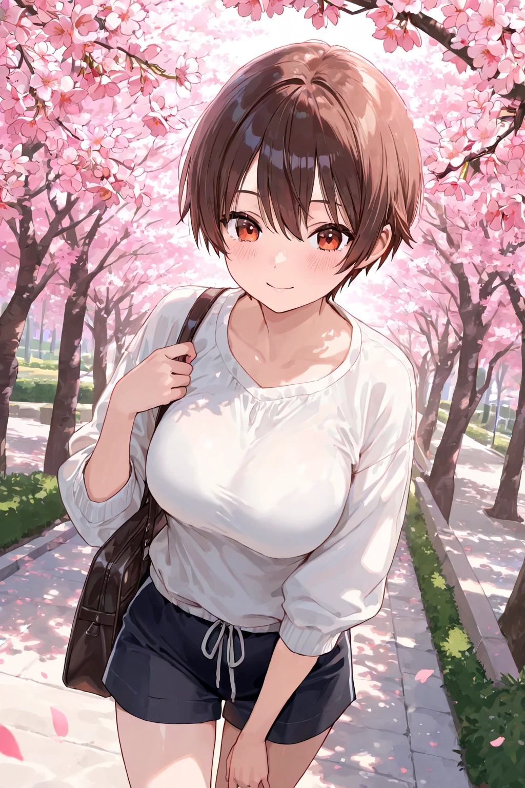 score_9, score_8_up, score_7_up, BREAK source_anime, cg, higuchi madoka, short hair, brown hair, hair flower ornament, purple eyes, blush, closed mouth, ;|, collarbone, medium breasts, cleavage, alternate costume, white shirt, open collar, grey jacket, long sleeves, hand on own hair, arm between legs, two-tone grey skirt, looking at viewer, solo, standing, leaning forward, outdoors, cherry blossoms, falling petals, blue sky, clouds, cowboy shot,