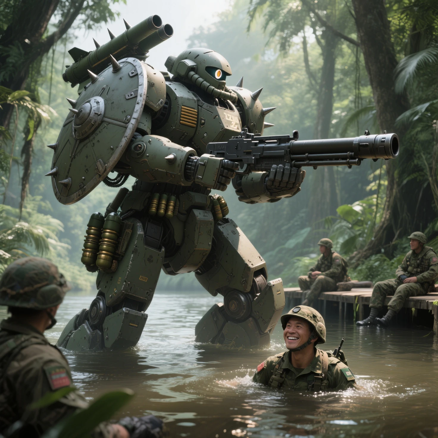 score_9, score_8_up, score_7_up, best quality, ultra_realistic, remarkable color, ultra detailed, solo, tank, camo tank, tank commander, size difference, ground vehicle, military vehicle, caterpillar tracks, fog, mist, night, swamp, in dirty swamp, <lora:Tank_commander_concept:0.8>, <lora:Shrek_XLPD:1>, shrek, green skin, one hand in the air, raised fist, angry expression, full shot