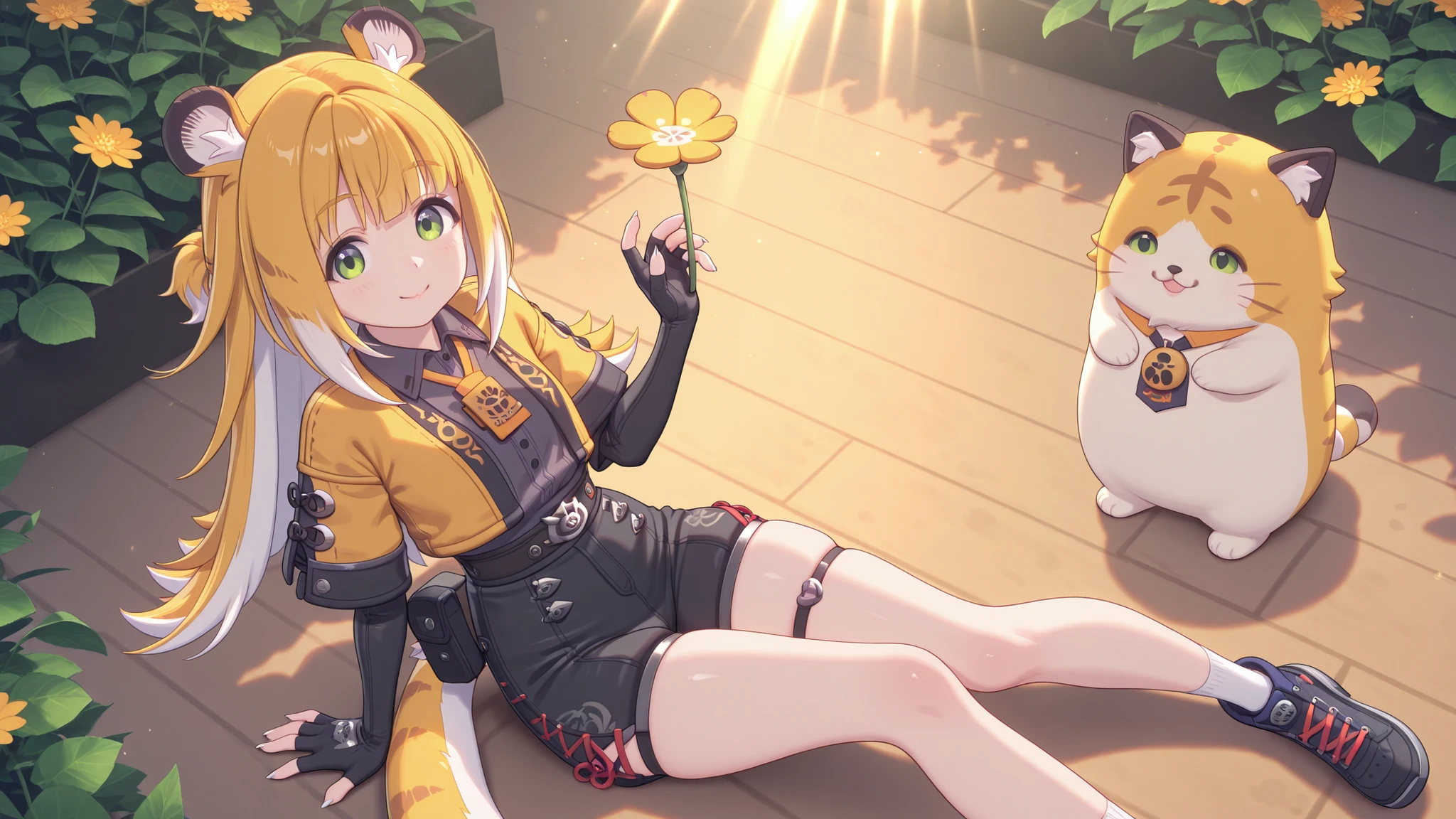 shiny skin, Posing,
JuFuFu,
Shine, Shine, sun beam, flowers on the background , fat cat sitting in the background
high angle, looks at the viewer,
sweet smile, shows claws,