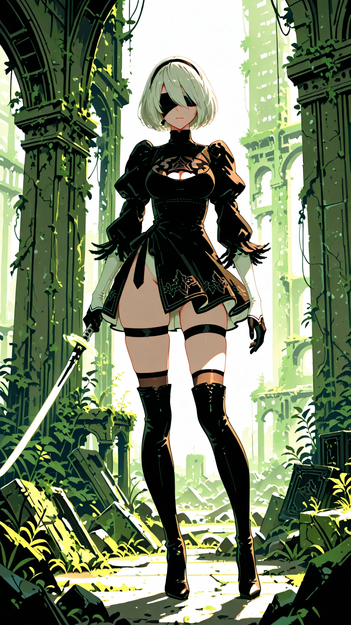 <lora:2b-s1-ponyxl-lora-nochekaiser:0.5> 2b, yorha no. 2 type b, short hair, white hair, hairband, mole, black hairband, mole under mouth, blindfold, covered eyes, black blindfold, gloves, long sleeves, dress, puffy sleeves, black dress, clothing cutout, cleavage cutout, juliet sleeves, feather-trimmed sleeves, thigh boots, <lora:One hand planted sword (pony) v1:0.8> one-hand-hilt, planted sword, hand on hilt, holding sword, katana, outdoors, forest, blue sky, full body, score 9, score 8 up, score 7 up, score 6 up, score 5 up, score 4 up,