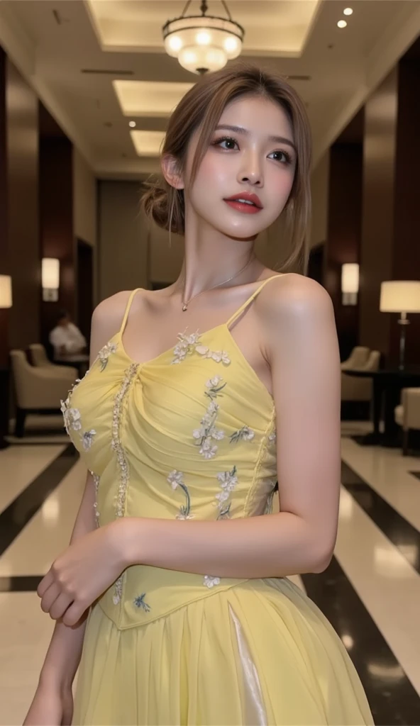 night scene, dark, a stunning photo with beautiful saturation by Emily Soto, pretty japan idol woman wear (huangsezhanpaohd), collarbone, (mature:1.3), best quality, sultry, seductive,<lora:huangsezhanpaohd:0.95>,