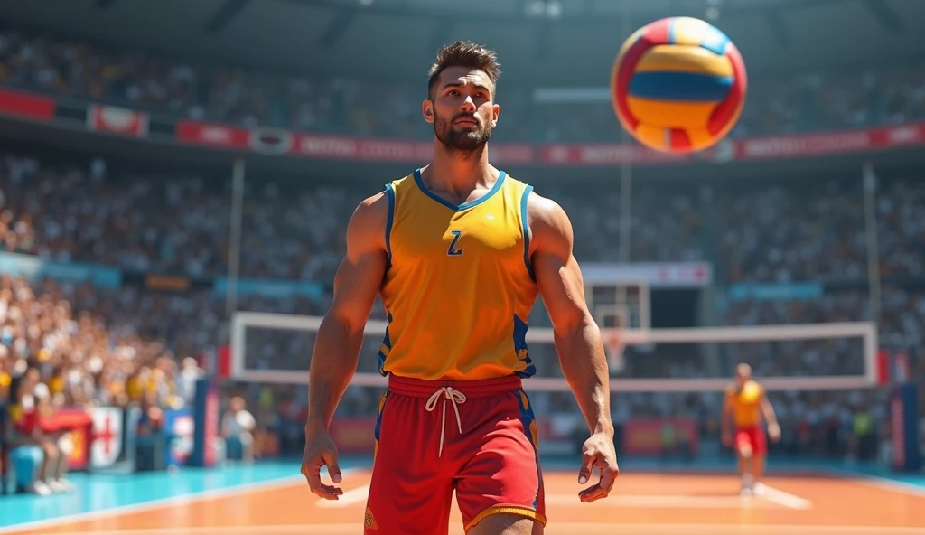 (best quality,4k,8k,highres,masterpiece:1.2), ultra-detailed, (realistic,photorealistic,photo-realistic:1.37), (professional:1.1), (vivid colors:1.1), (physically-based rendering:1.1), (sharp focus:1.1)
(portrait,concept art)
(bright and vibrant colors) (soft and warm lighting)
A highly detailed CG Unity 8k wallpaper featuring men’s basketball Olympic beach volleyball. Handsome male athletes playing beach volleyball on an Olympic beach volleyball court. Natural outdoor lighting, midday sun.