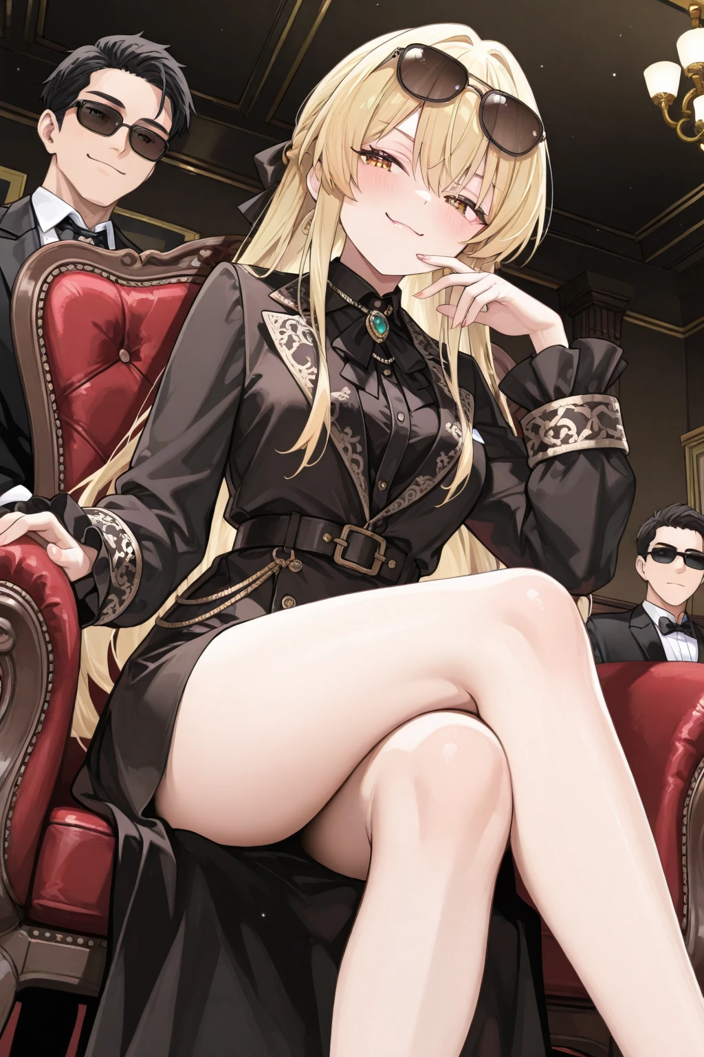 A woman with sophisticated black dress in a luxurious German house, hair yellow, eye blue.