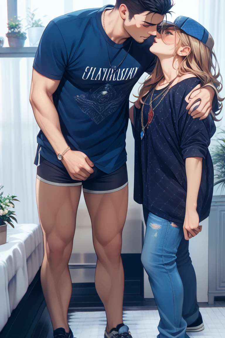 Lily and Jacob in their home, both tall bodybuilders, dressed in casual attire. Lily is in a slim Western dress with shiny pantyhose, while Jacob wears a casual shirt and jeans. The setting is cozy and welcoming.