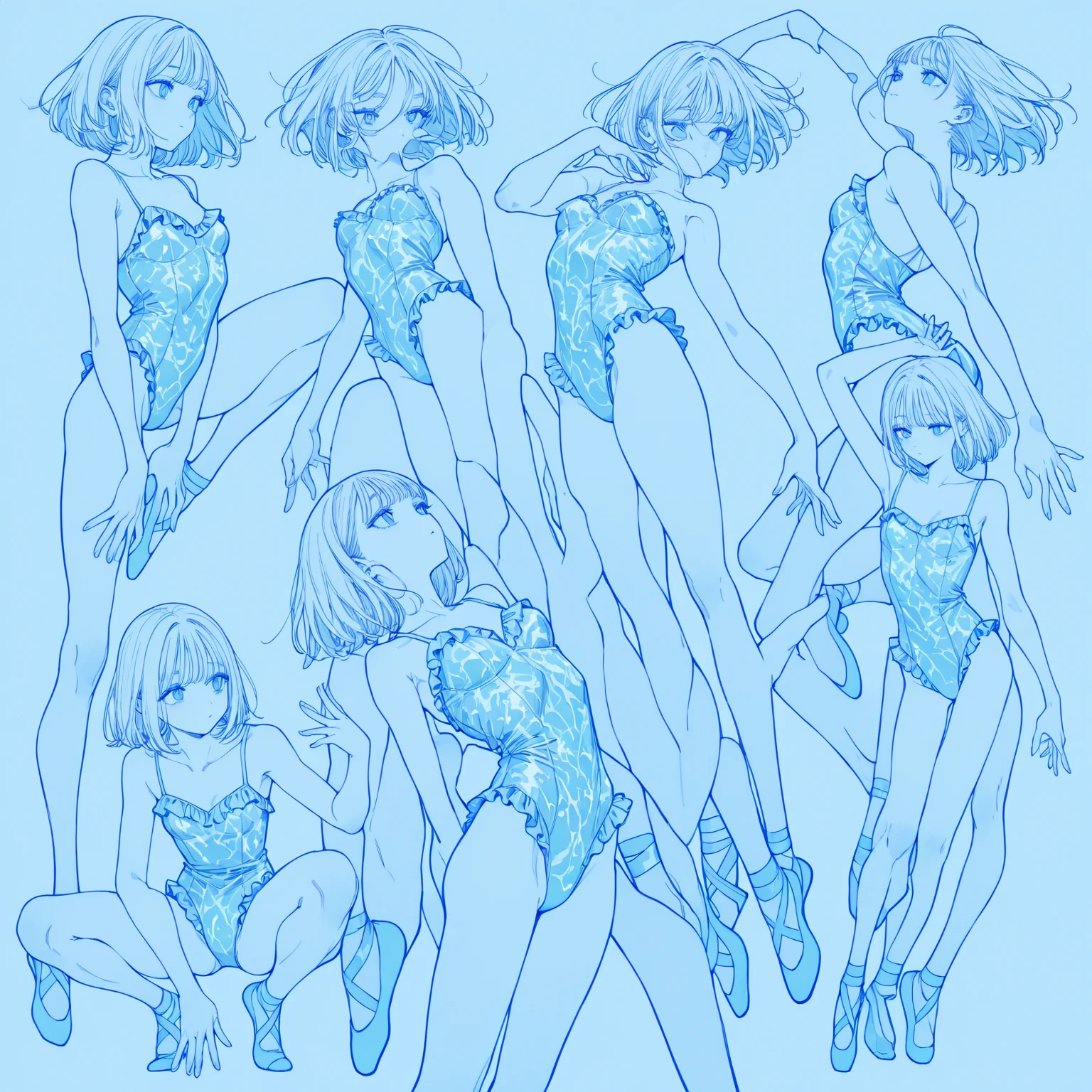 ((whole body)), Fighting pose, Action pose, standing, arched back, Line art,Comics Line art,Black and white Line art,Black and White,1Mature women, tall,slender body, bowl cut blunt bangs, Bangs,White bikini, look up, Clear and smooth lines,8k,masterpiece