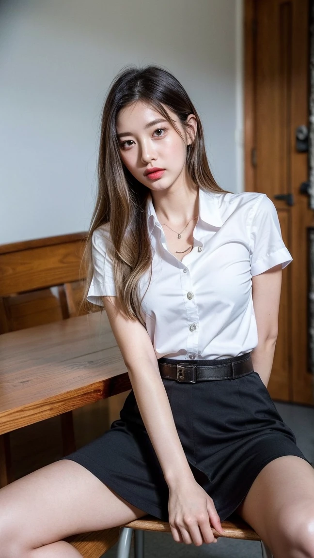 best quality, natural lighting, masterpiece, 1 girl, perfect beautiful face, (photo photo:1.3), edge lighting, photography lighting, (high detail skin:1.2), 8k ultra hd, DSLR, high quality, high resolution, white skin, detailed textured skin, 3/4 body in frame, sexy posing, poker face, perfect propotion face, symetric face, eye level shot, 4k, 8k, bokeh, absurd, best ratio four fingers and one thumb, (realistic:1.3), beautiful detailed girl, cute 1girl, dark-brown hair, ponytail, long hair, bangs, volume hairs, collosal-breast, full looking breast, projecting breast, slim waist, slender, small thighs, perfectly proportion, university background, detailed background, mahalaiuniform, white shirt short sleeves, black pencil skirt, black pleated skirt