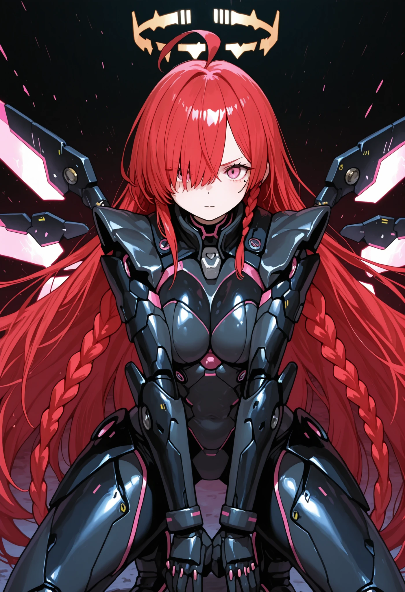 Full figure, 1girl human wear a futuristic cyber armor-suit armed with two light-swords, pose action, looking at viewer, break halo, mechanical cyber wings, mole under eye, pink eyes, hair over right eye, red hair, double braid, ahoge,very long hair, Isekai world.