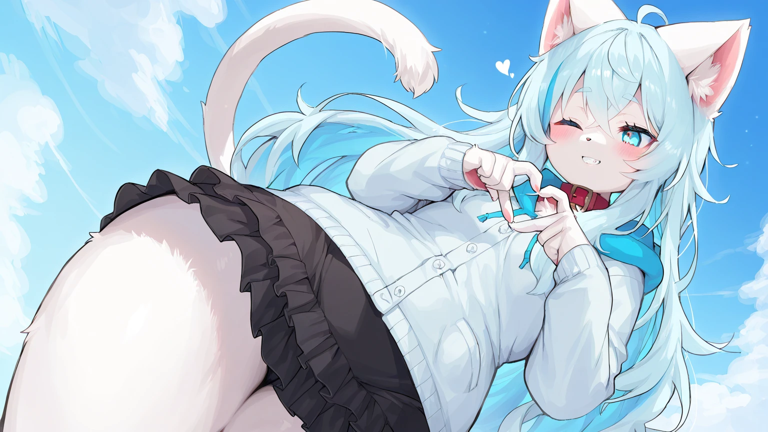 Hatsune miku x kitsune add_detail:1 aqua fur Masterpiece High quality High resolution , wide, Sit with your knees bent、beauty legs 、At a school、As if looking up from below、embarrassed add_detail:1 cum in pussy add_detail:1