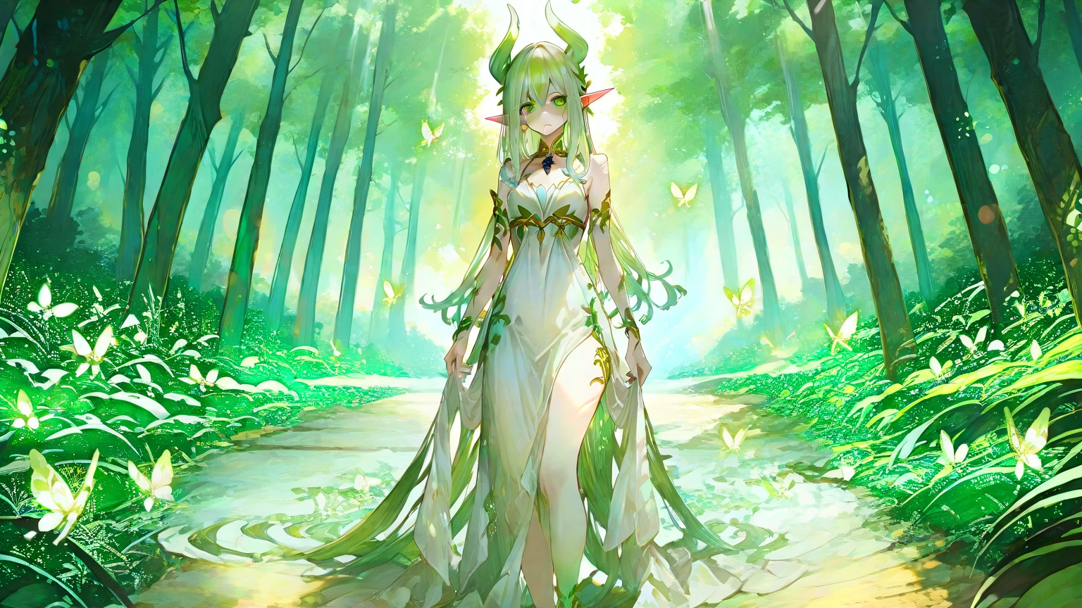 painting of a woman with white hair and horns in the forest, forest dryad, dryad, martial artist dryad, world of warcraft elven druid, Beautiful Druid Woman, portrait of a dryad, goddess of the forest, Elf Queen Nyssa Genesis Mage, ent treant dryad, beautiful elegant dryad, forest spirit, The Infernal Nymph