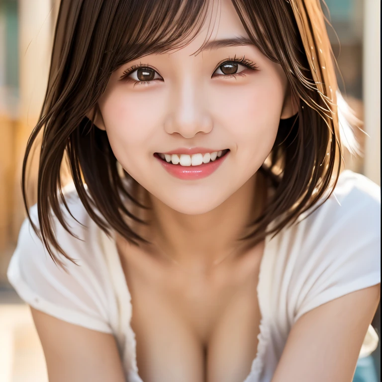 Sexy Big 、Sexy cute looks and cute 15 year old beautiful girl, beautiful and sexy face、A strong wind blows my hair in front of my face、With short blonde hair、beautiful, Cute and sexy eyes hidden behind long bangs、Colorful Dresses