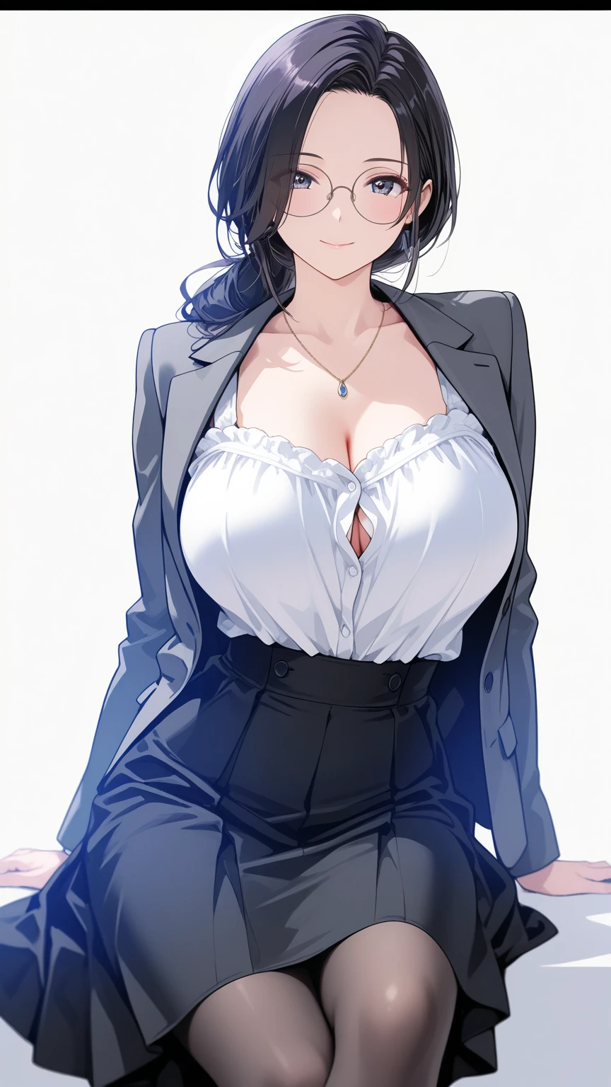 mature female , masterpiece, best quality, highly quality , blazer, deep cleavage, no bra, fashionable clothes, stylish, curvy, full body, sexy, massive cleavage, shorts, sagging breasts