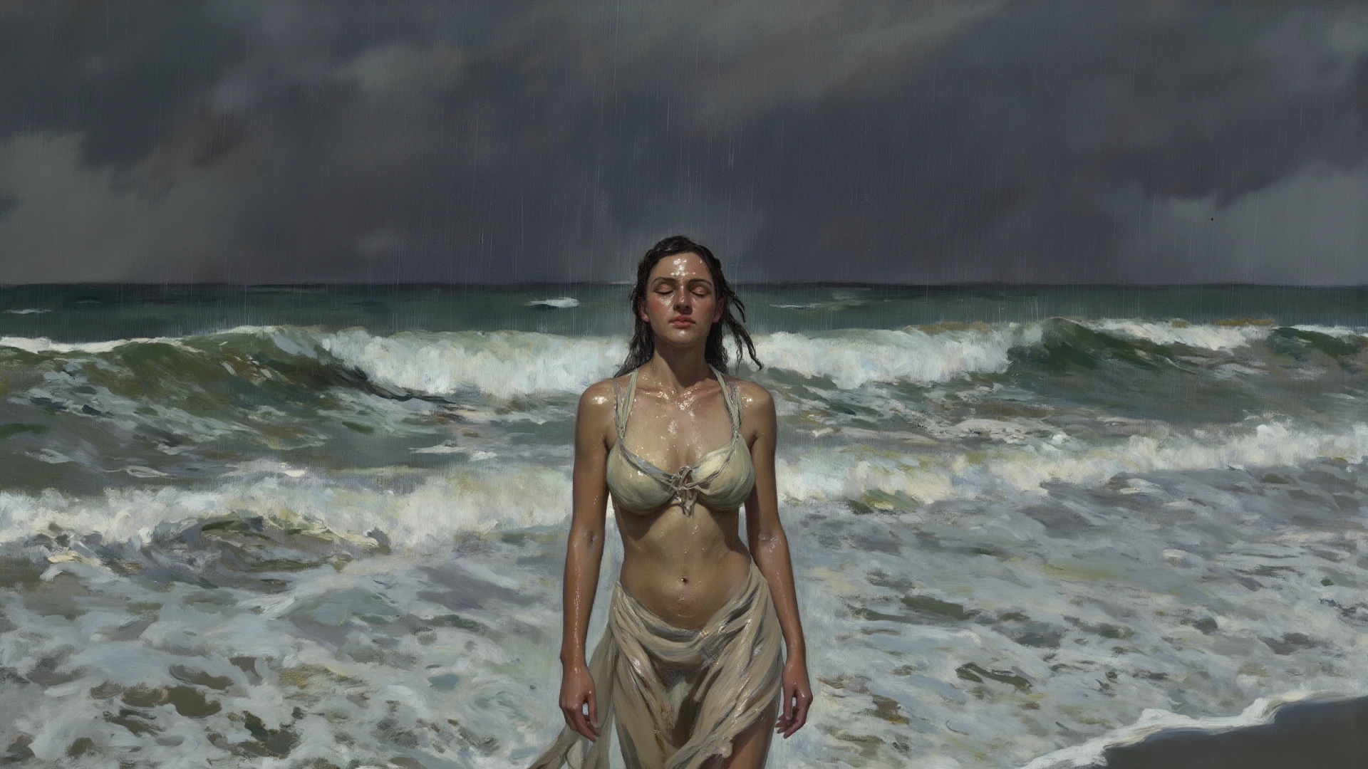 Oil paints，acrycle painting，masterpiece，Renaissance style，(Masterpiece, Top quality, Best quality, offcial art, Beautiful and aesthetic:1.2), close view of full body nude young belgian woman, in erotic pose , hairy intimate hairstyle pubic , background ocean waves with foam, thunderclouds, lightnings