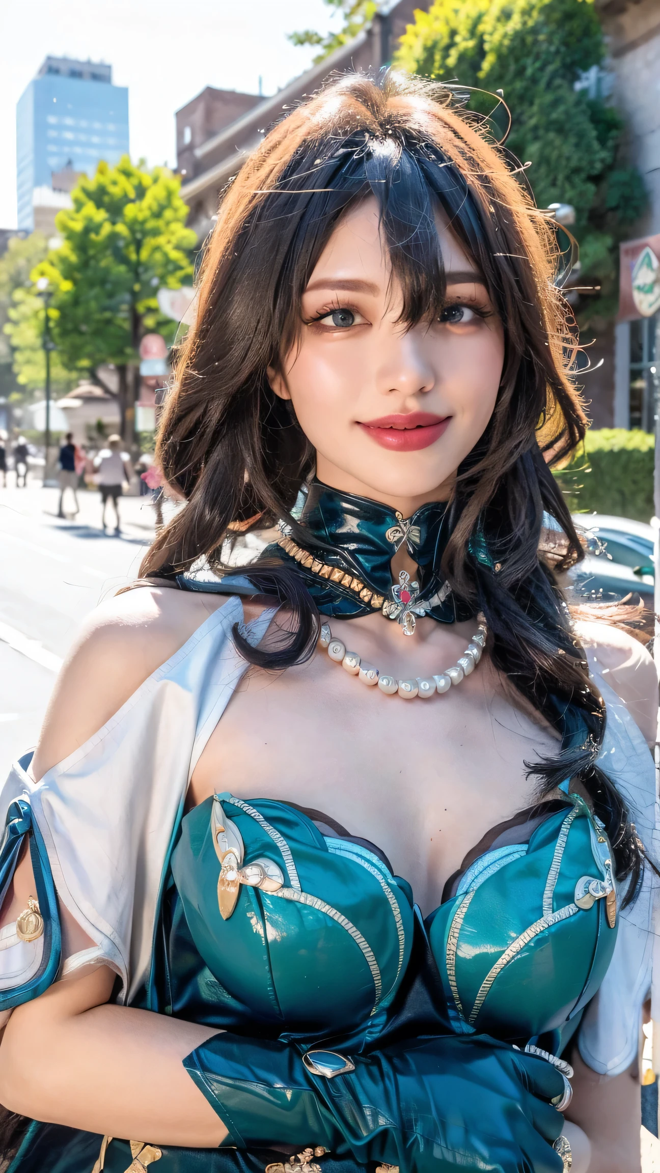 (Masterpiece), best quality, HD, 4K, expressive eyes, perfect face, blue eyes, greeneyes, black choker, smiles, ruby necklace, masterpiece,best quality,(cityscape:1.4),(street:1.4),(outdoors:1.3),(photorealistic:1.4),(ultra detailed:1.3),unity 8k wallpaper,1girl,solo,long hair,jewelry,latex bodysuit,latex gloves,necklace, having sex, nipples, topless, nude
