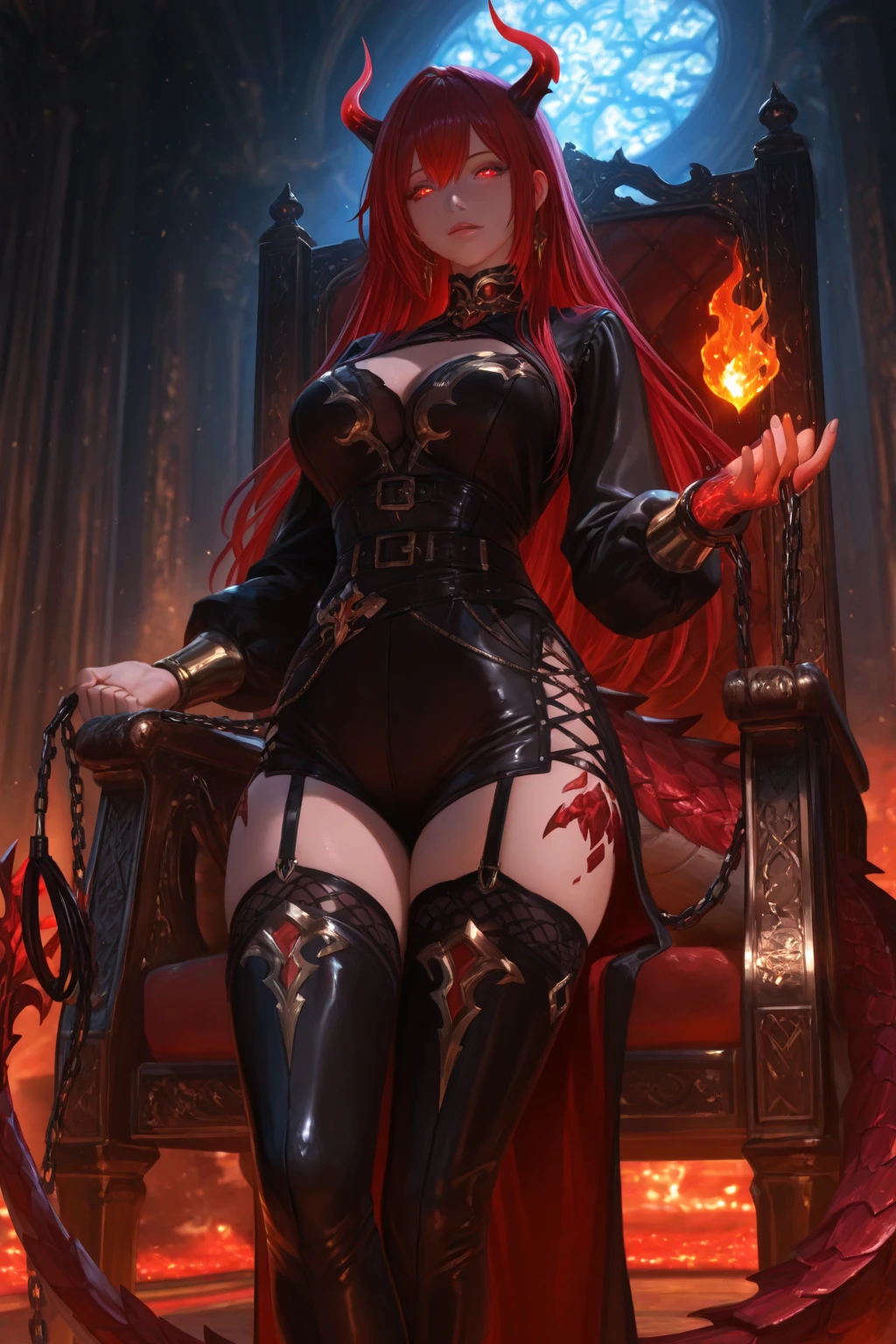 masterpiece, best quality, assumi, 1girl, solo, red hair, warlock shoulders, armor, sitting on a throne, crossed legs, fishnets, leotard, thighhighs, elbow gloves, makeup, lips, looking at viewer, stone throne, cathedral, heels
