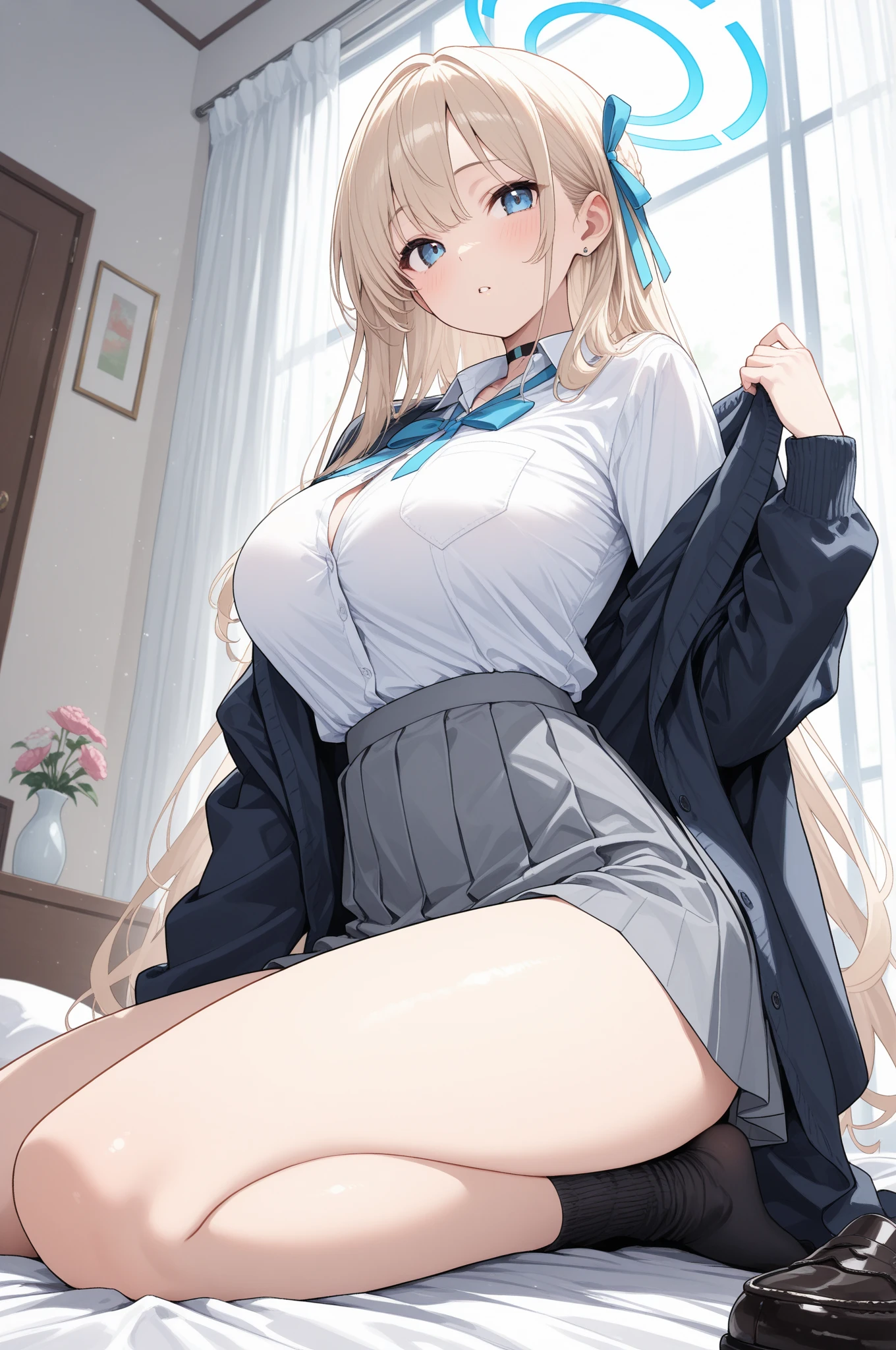 ((highest quality、High resolution、Highly detailed CG Unity 8K wallpaper))、detailed face、perfect body、unparalleled beauty、beautiful breasts、open your legs、Embarrassing erotic smile、((She lifts up her skirt and shows her panties up close))