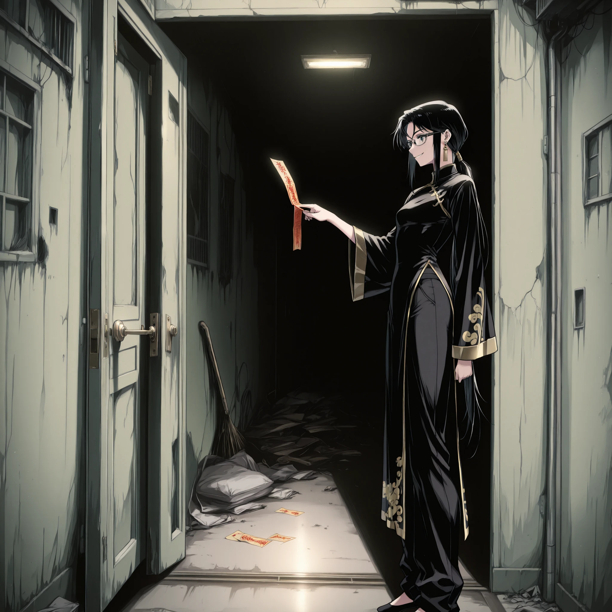 masterpiece, best quality, amazing quality, very aesthetic, 1 girl, taoist, wearing black and gold cheongsam, very long sleeves, black long pants, glasses, black hair, low ponytail, extremely long ponytail, slender, small breast, chinese style earrings, smiling kindly, grabbing chinese talismans in hand, opening door, hand on door nob, BREAK, cyberpunk, ruined apartment, apartment corridor, ((chinsese talismans scattered everywhere)), view from side