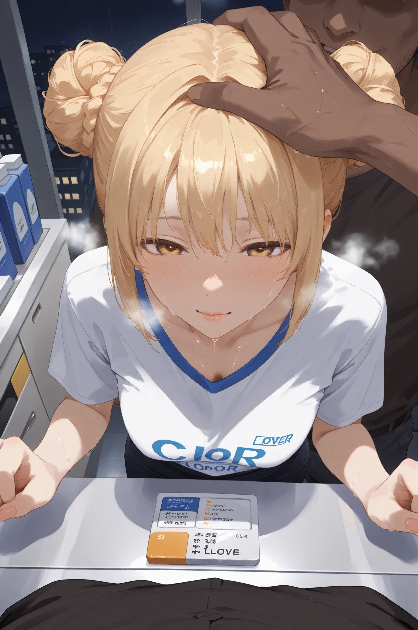 1 anime girl, secretary ,anatomically correct, blowjob, short orange hair, messy hair, very messy hair, beautiful blue eyes, nerdy glasses , tears in her eyes, small , white office shirt unbuttoned, giving a blowjob to the viewer, dick in her mouth, deepthroat blowjob, oral sex, blowjob pov, higher angle, front view, visible girl's ass, perfect ass, thong, 8k, best quality