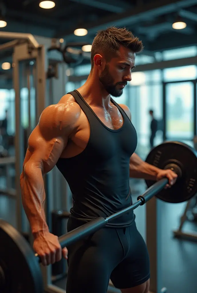 cute men in the gym doing exercises  muscular men arriving at the gym greeted with a smile  another pretty boy in the background  