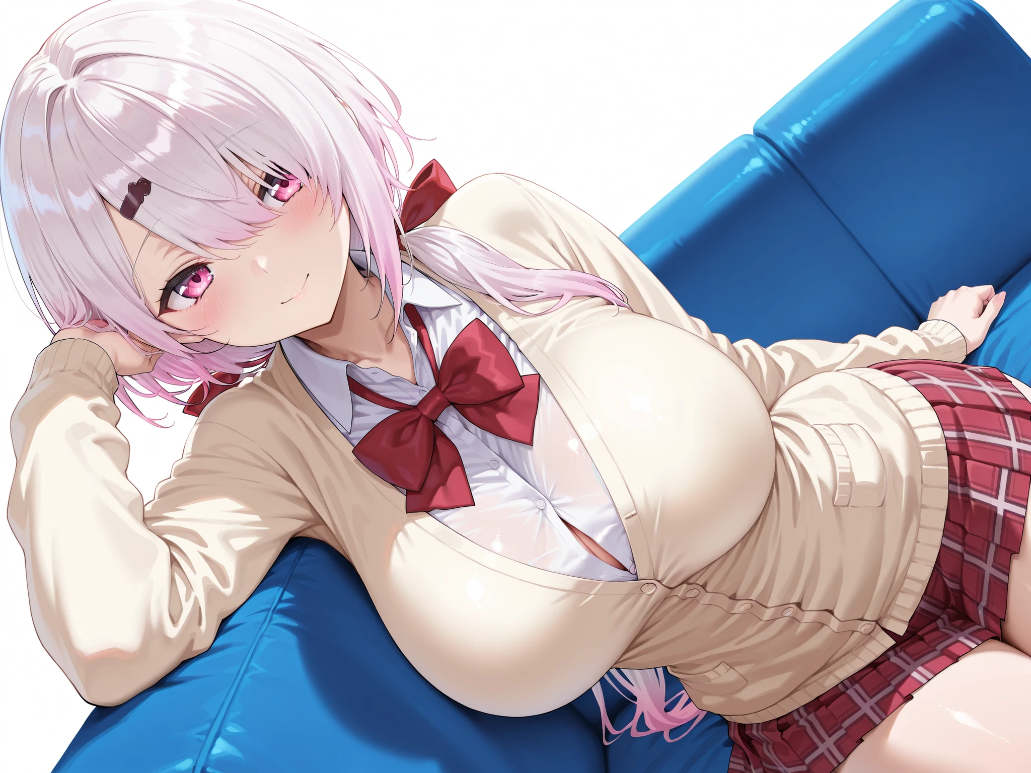 solo,masterpiece,best quality, amazing quality, highres, absurdres, very aesthetic, high resolution, ultra detailed, perfect details,nijiyuika,large breasts,pink eyes,gradient hair,light pink hair,white hair,round face,long hair,hair over one eye,low ponytail,hair ribbon,hairclip,nijiyuikacos,white shirt,collared shirt,red bow,cream-yellow cardigan,red skirt,miniskirt,plaid skirt,pleated skirt,curvy